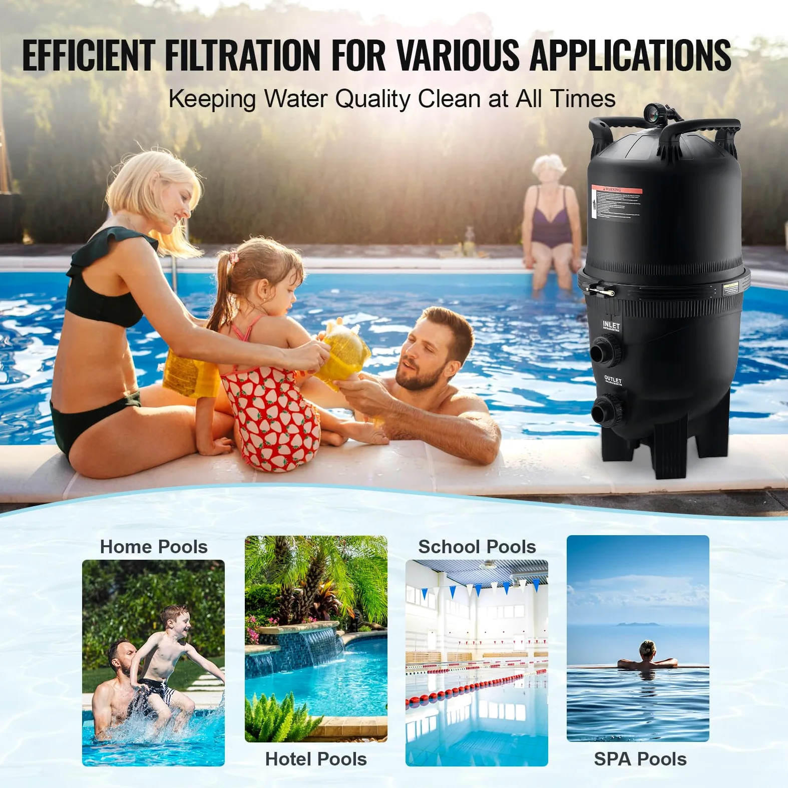 VEVOR Filtro de Piscina de Cartucho m² Filtro de Piscina Enterrada Sistema de Filtración de Piscina sobre el Suelo con Filtro Mejorado a Prueba de Fugas para Jacuzzi, SPA, Piscina Inflable