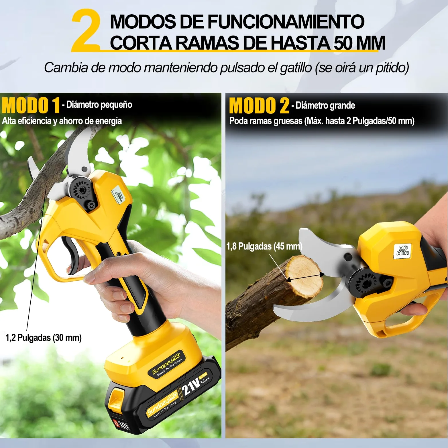 Tijeras de Podar Inalámbricas, Max 50mm Tijeras de Jardín Eléctricas con Motor Sin Escobillas, 2 Baterías, Display LCD, Tijera Podar a batería para Huertos Ramas áRboles Arbustos Frutales