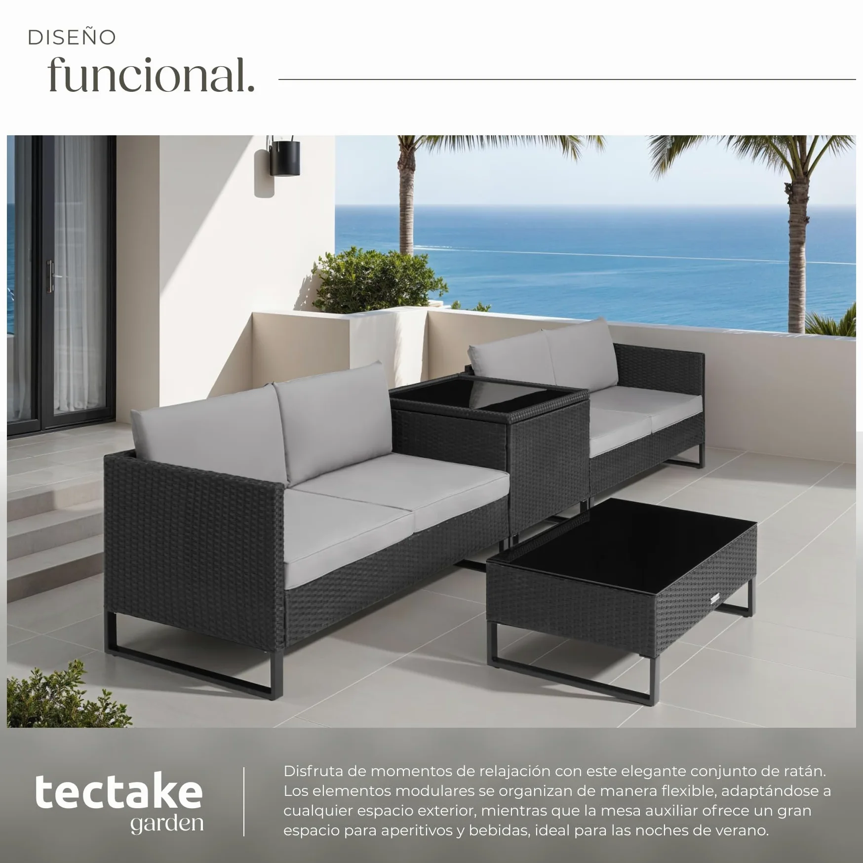TecTake® Conjunto Jardín de Ratán con Cojines Gruesos, Muebles Jardín Exterior 2 Sofás, 1 Mesa Cristal, 1 Caja Almacenamiento, Conjunto Terraza Resistente a la Intemperie, Estructura en Acero - Negro