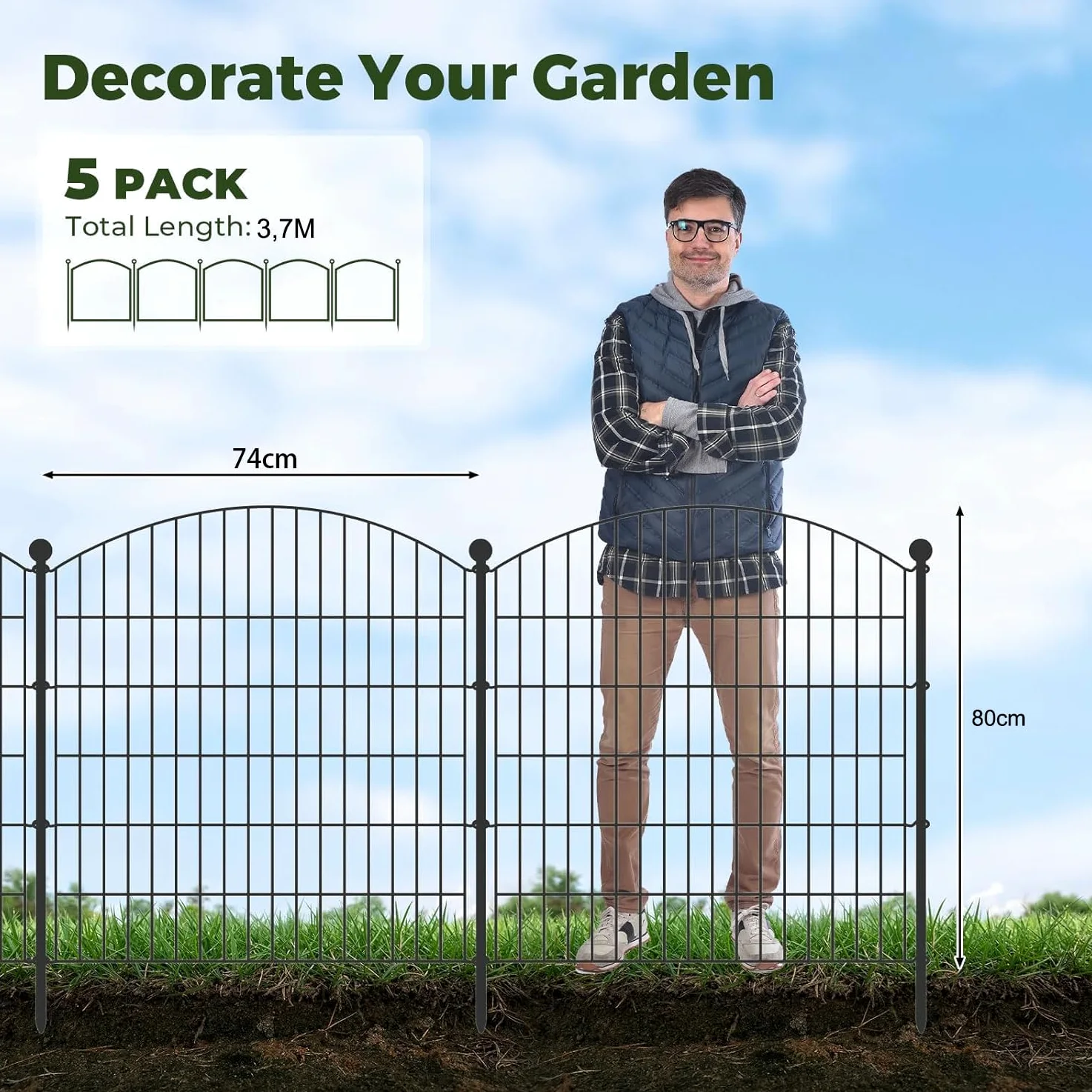 5 piezas Valla decorativa de jardín con puerta, 80 cm(H) X 3,7 m(L), barrera con estacas para perros, mascotas, conejos