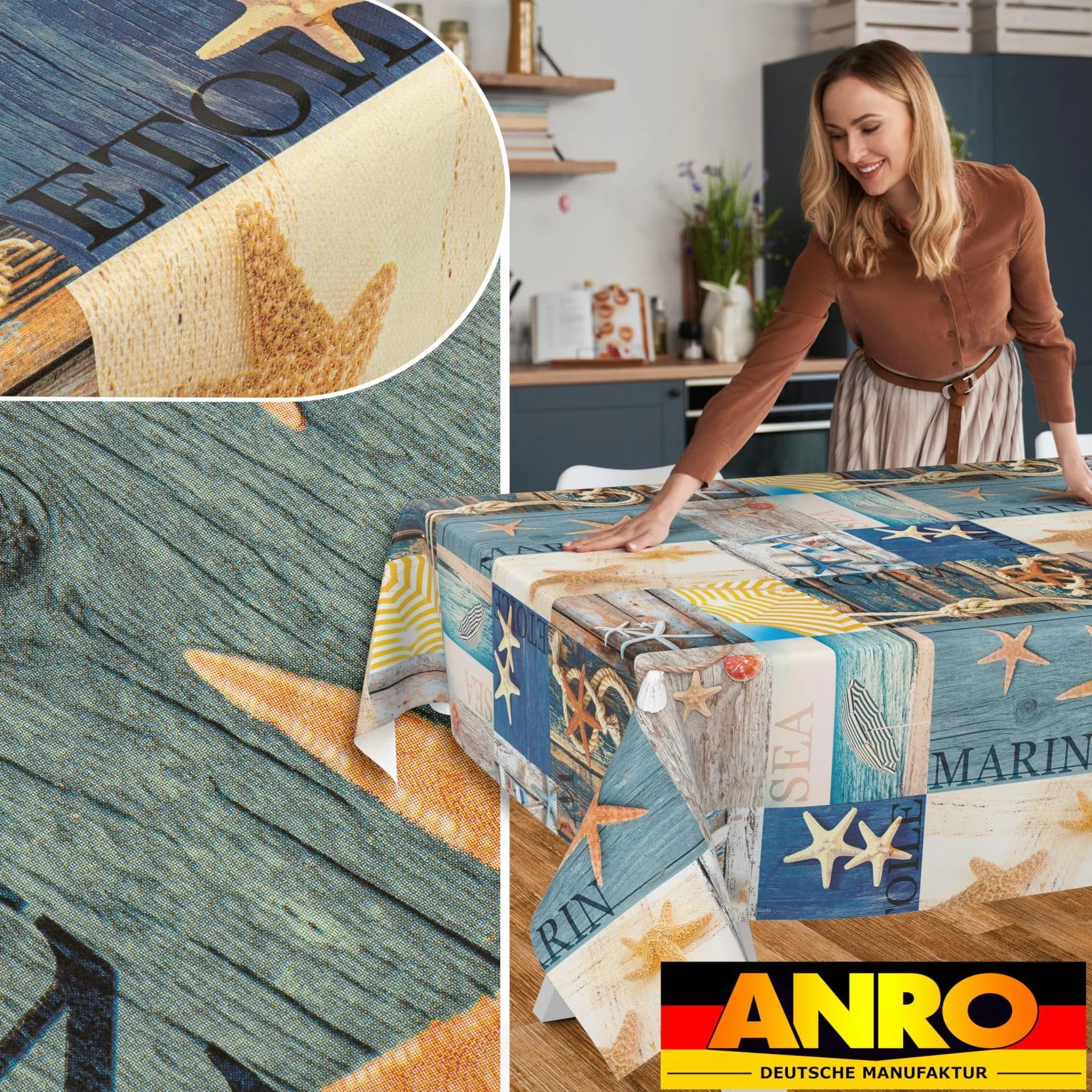 ANRO Mantel de hule lavable, para jardín, redondo, ovalado, rectangular, diseño marítimo, 400 x 140 cm, borde de corte