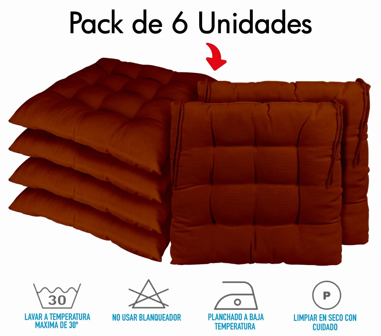 CHELY INTERMARKET Cojines Silla 40x40x7,5cm Pack 6 Unidades Relleno Mullido Marrón 9 Pespuntes Acolchado Exterior Interior Decorativos Suaves Estables Lavables Terraza Jardín
