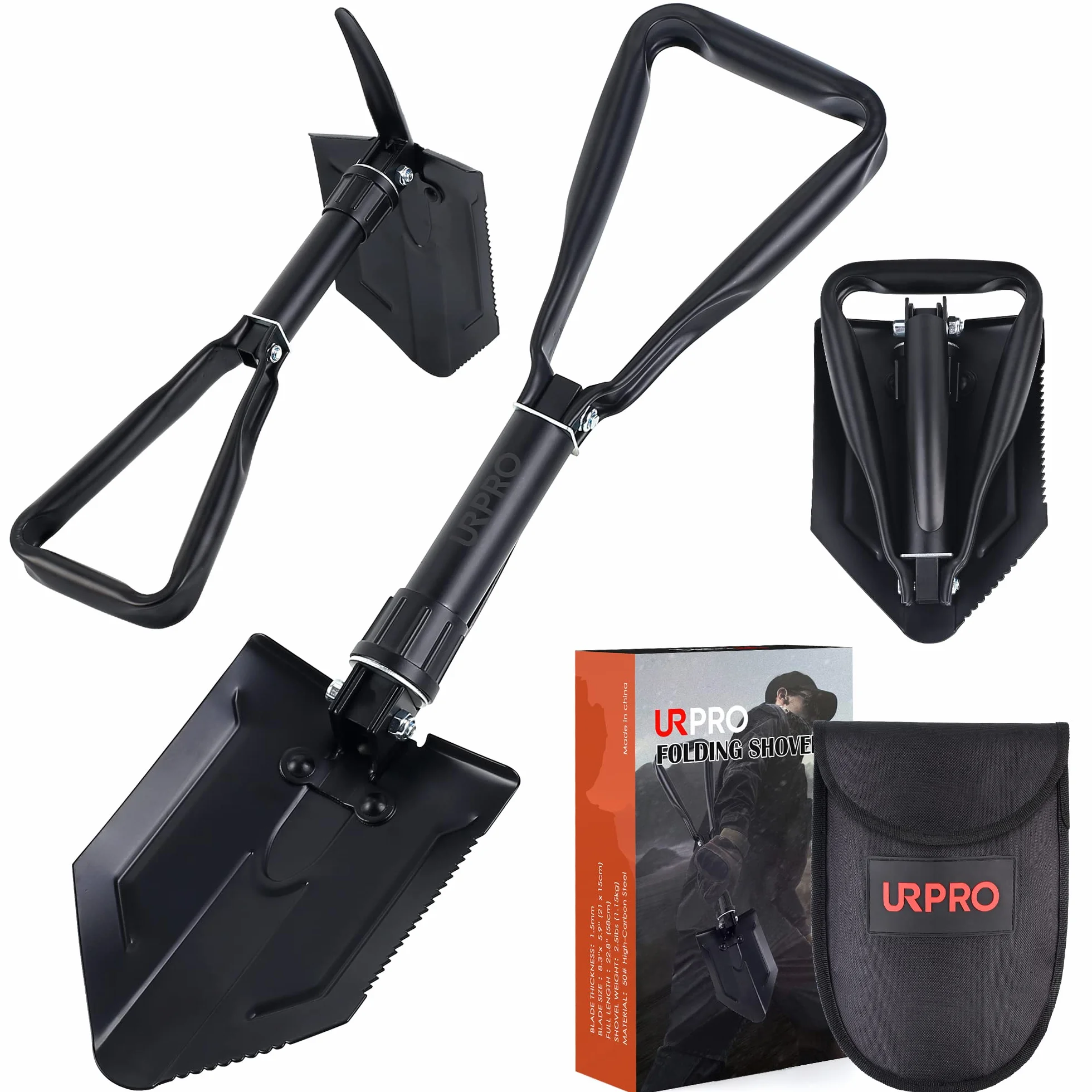 Pala Plegable con púa, Mango portátil de Acero al Carbono, Supervivencia, atrincheramiento, Militar, extinción de Incendios, zanjas, para Camping, jardinería, excavación, Arena, Barro y Nieve