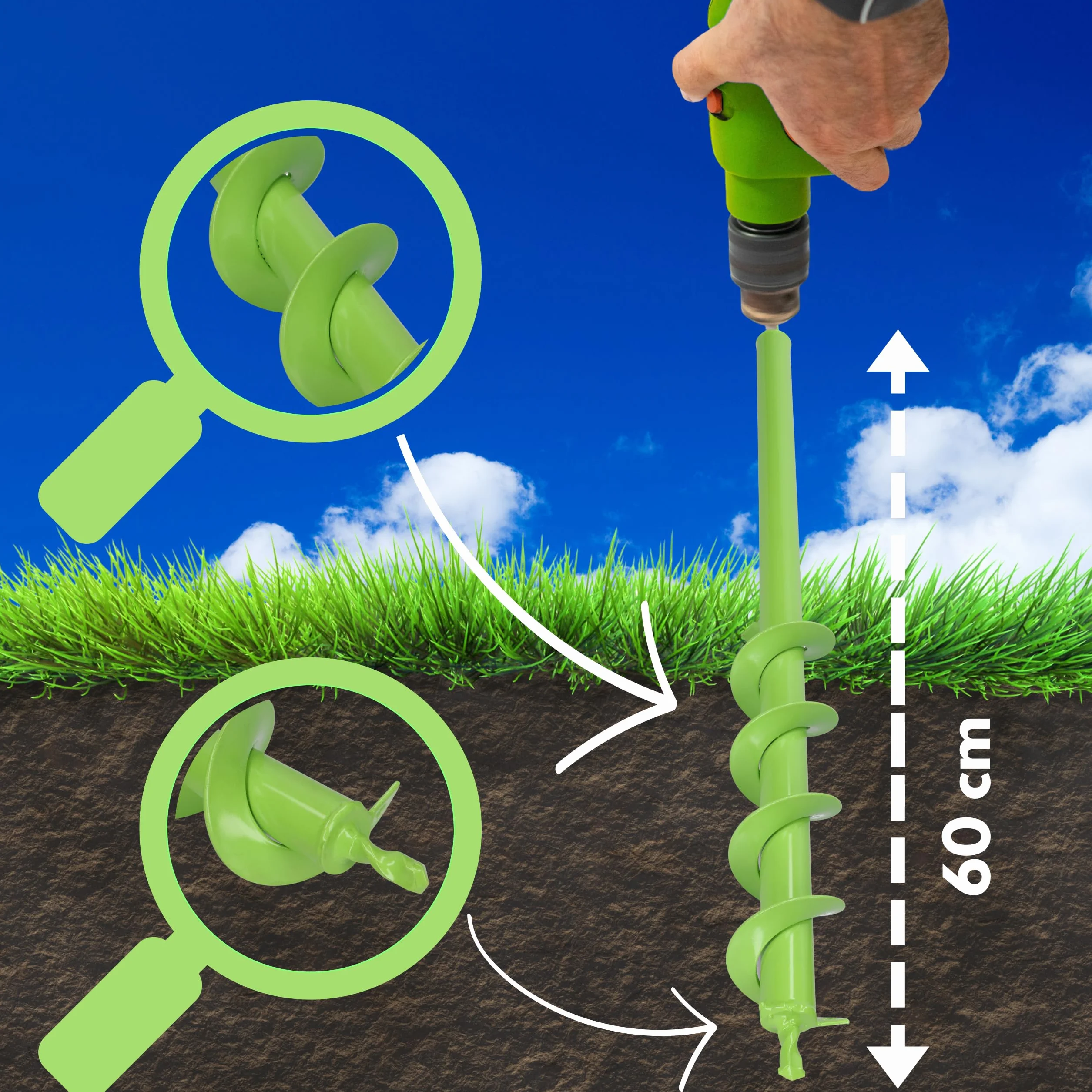 WERHE Barrena de tierra para taladro 60 mm Ø, 600 mm de largo - Barrena de jardín para atornillador inalámbrico para plantar, florecer y cavar hoyos - Herramienta de excavación para jardín