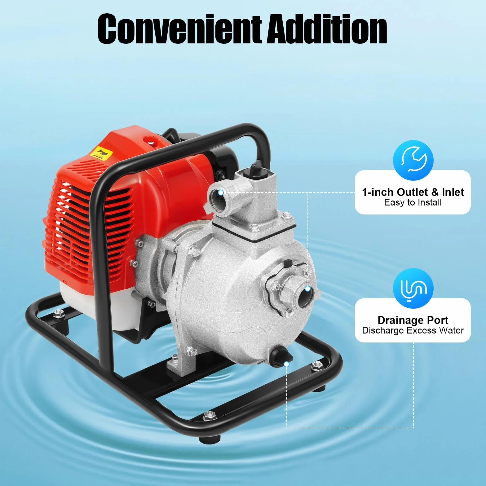 Bomba de agua de gasolina, 43 cc, 2 tiempos, 135 L/min, altura de extracción 30 m | Bomba de motor de 1,25 kW de potencia y arranque manual – Bomba de jardín autocebante para jardín, estanque y riego