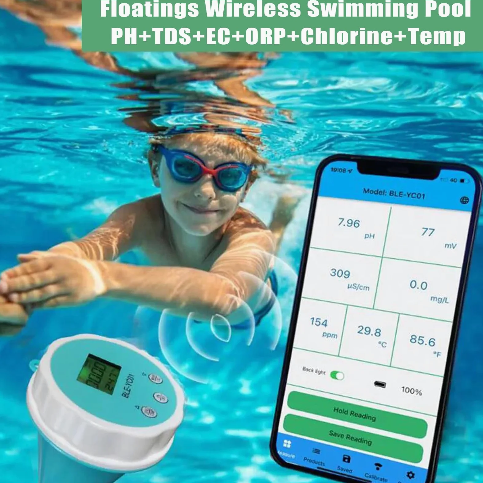 Monitor de Piscina Bluetooth 6 en 1, Probador de Piscina Ph Ec Tds Orp Temp Analizador de Calidad de Agua Residual con Sonda Medidor de Prueba Digital Para Agua Potable Piscina Acuario Hidroponía