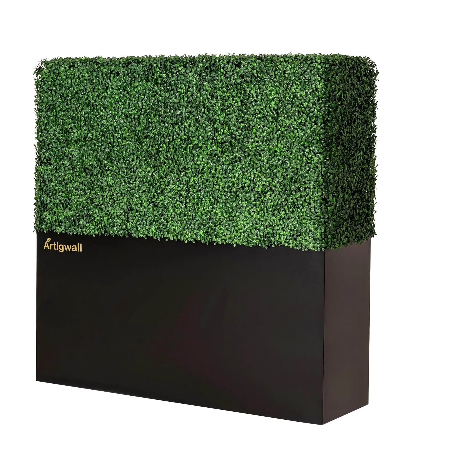 Pared de seto artificial con maceta negra cubierta por popular boj verde oscuro anti-UV, 50 pulgadas de largo x 48 pulgadas de alto x 14 pulgadas de profundidad
