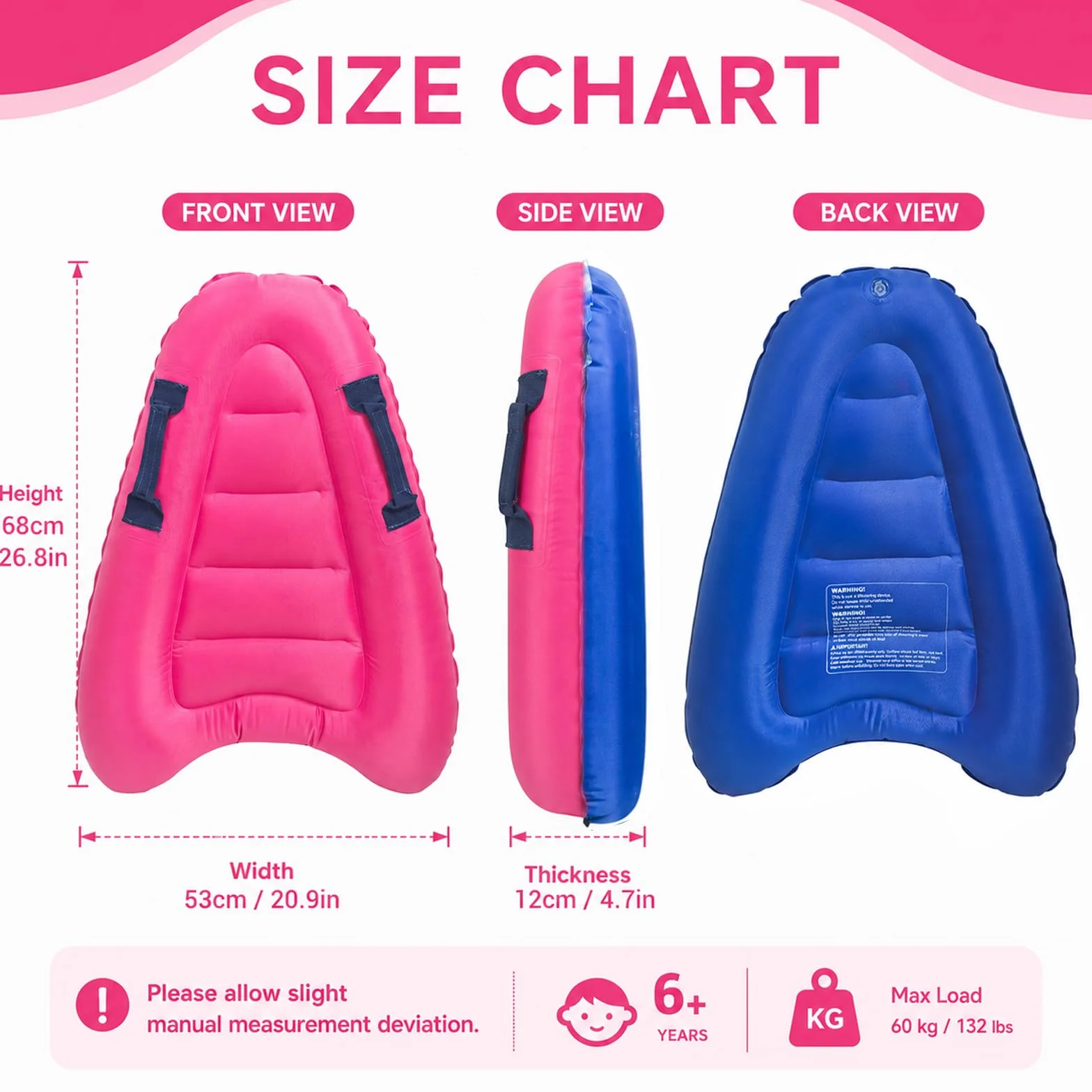 Tabla de Bodyboard Inflable Portátil Ligera con Asas Flotante para Natación Piscina (Rose Pink)