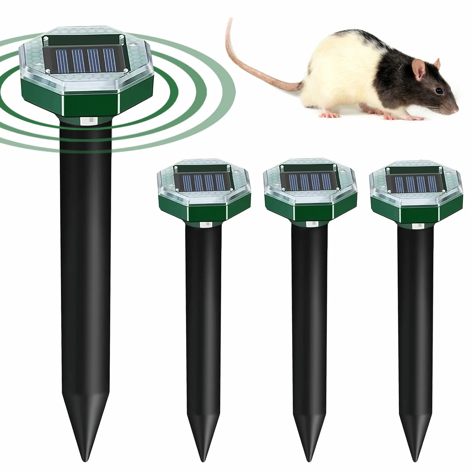 Ahuyentador de Topos Solar, 4 Piezas Repelente de Ratones Ultrasónico Impermeable IP65, Ahuyentador Animales para Repeler Topillos, Topos, Serpientes y Roedores de Jardines (octágono)