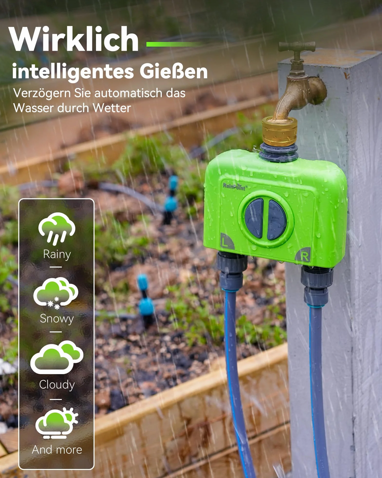 RAINPOINT Programador Riego WiFi 2 Salidas, Puerta Enlace Ethernet y Entrada de Latón, Riego Automatico para Jardín Via App/Voz Control, Riego Basado Clima, Retraso por Lluvia/Manual, 2x6 Horarios
