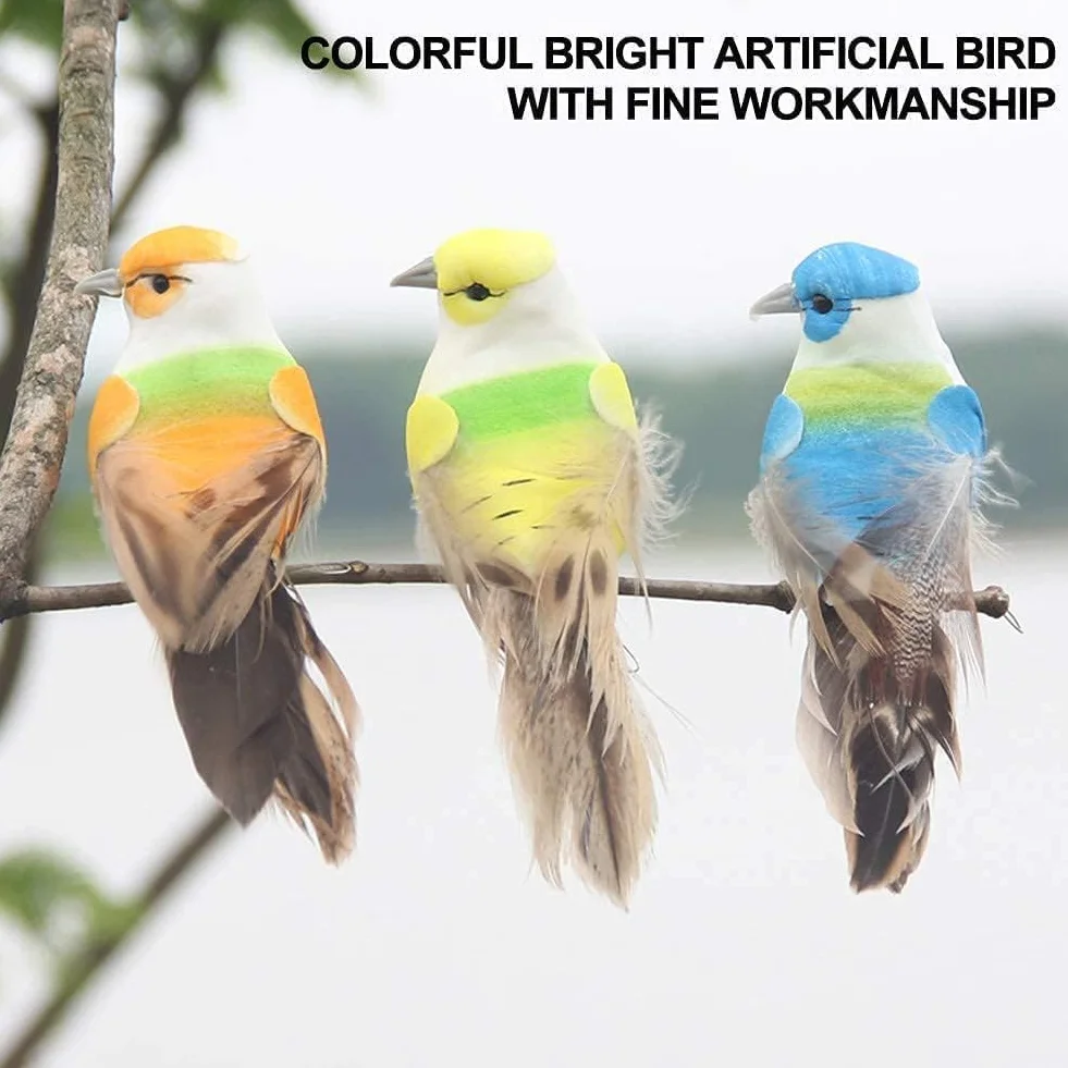 HERCHR Lote de 12 Pájaros Artificiales de Espuma con Plumas, Decoración Multicolor para Jardín, Bodas y Manualidades