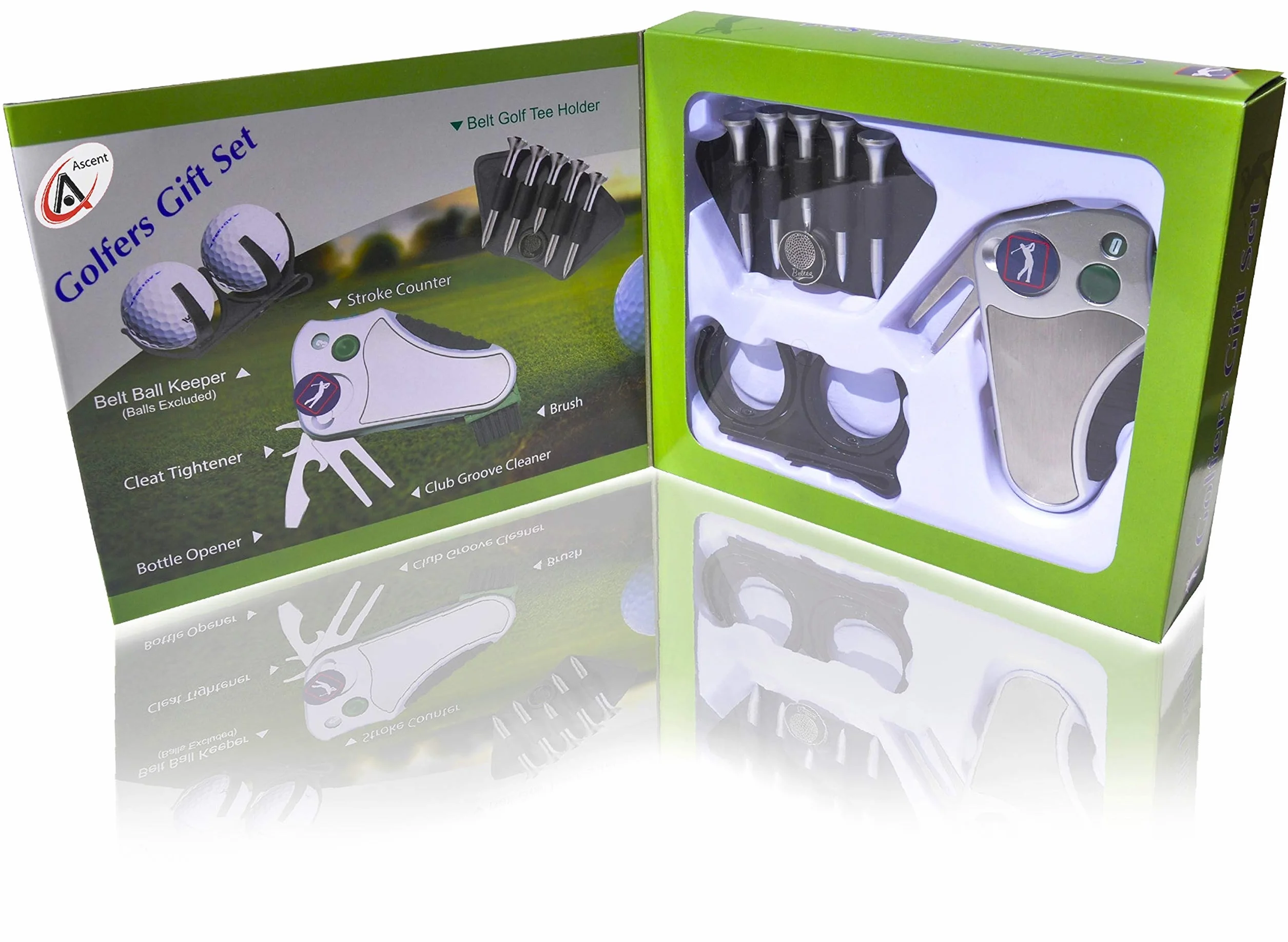 Juego de regalo de golf: herramienta contador de golpes, reparación de divot, cepillo, marcador de bola, tensor de tacos, limpiador de ranuras