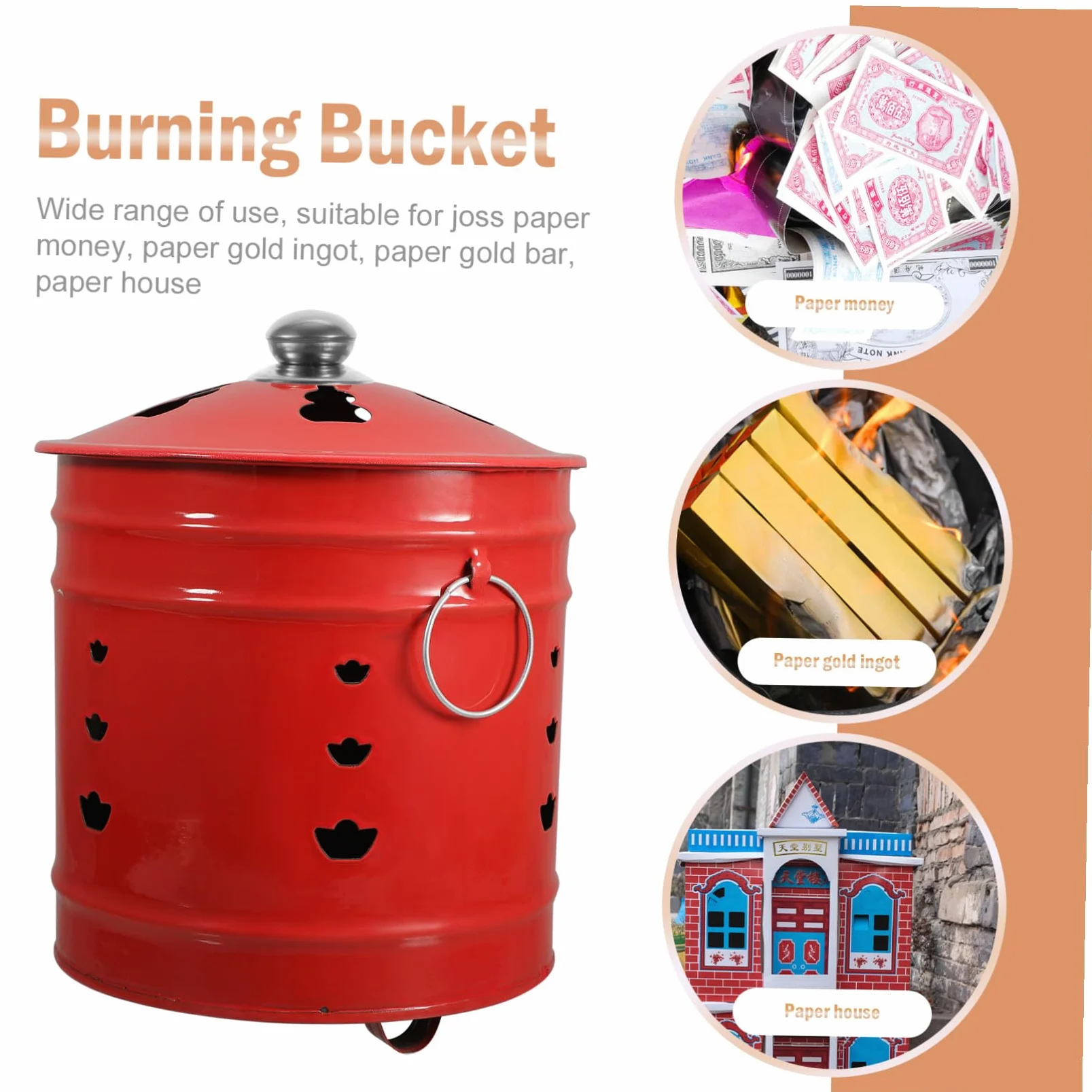 Cubo para Quemar Papel de Esmalte Rojo Duradero para Incineración | Ventilación para Mejor Combustión, Uso en Jardín y Hogar, Ayuda a Mantener Orden Estilo Aleatorio