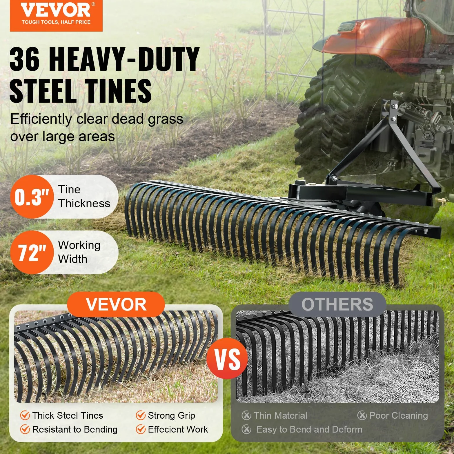VEVOR Remolque detrás de la Escarificadora, 759,5 x 678,2 x 482,1 mm con 36 Púas de Acero, Rastrillo de Césped de 3 Puntos con Accesorios para Tractor, Rastrillo de Paisaje para Jardín, Granja, Césped