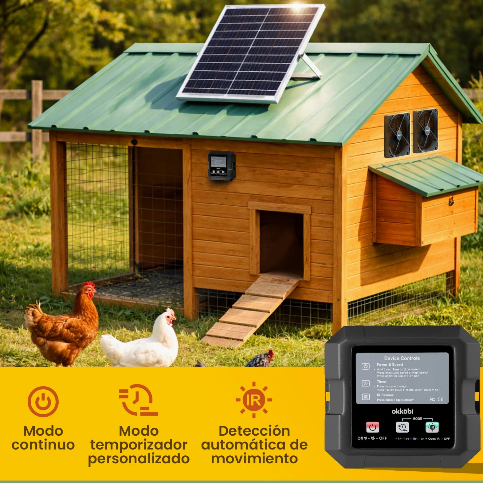 Ventilador Solar para Gallinero e Invernadero, Doble Ventilación Solar con Batería, Entrada o Extracción de Aire, Caja de Control con 3 Modos