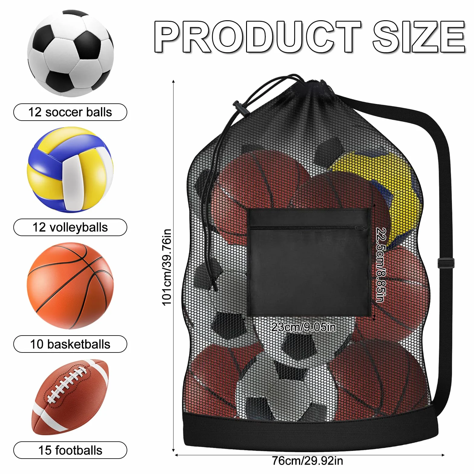 Bolsa Portátil Extragrande para 10-12 Pelotas Resistente Impermeable Saco de Malla Fútbol Baloncesto Voleibol Tenis