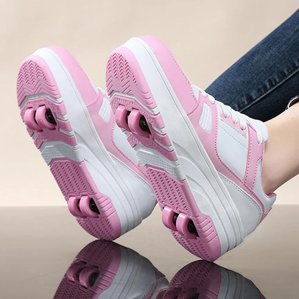 ENEN Zapatos con Ruedas para Niños y Niñas, Zapatillas de Patinaje Multifuncionales Rosa Blanco/Negro Blanco