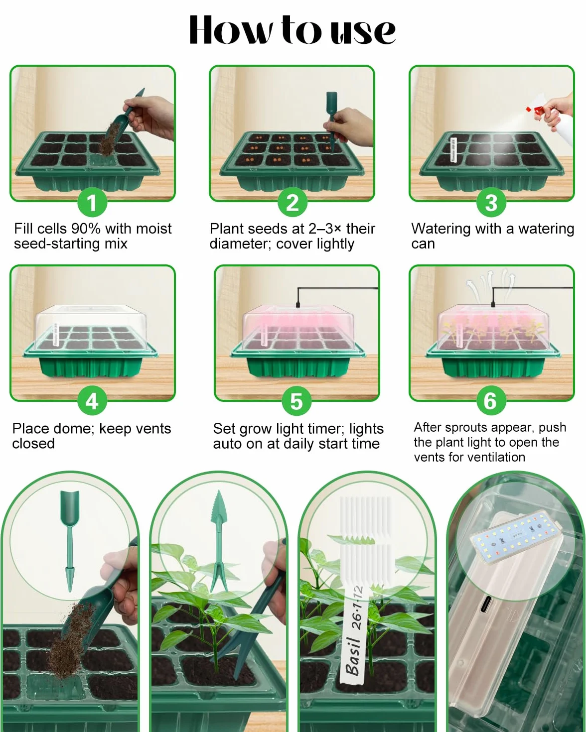 Bandeja de inicio de semillas con luz de crecimiento (2 x 24 LED), kit de inicio de semillas con cúpulas de humedad y controlador de temporización, brillo ajustable, bandeja de inicio de plántulas