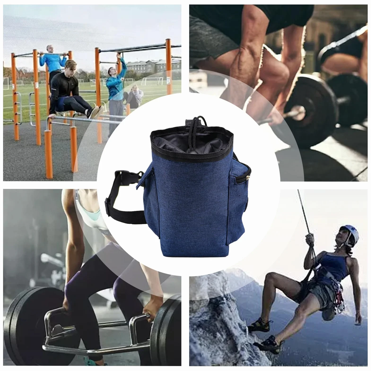 Bolsa para Magnesio de Escalada con Bolsillo Cremallera y Mosquetón, Morado, Cinturón Ajustable