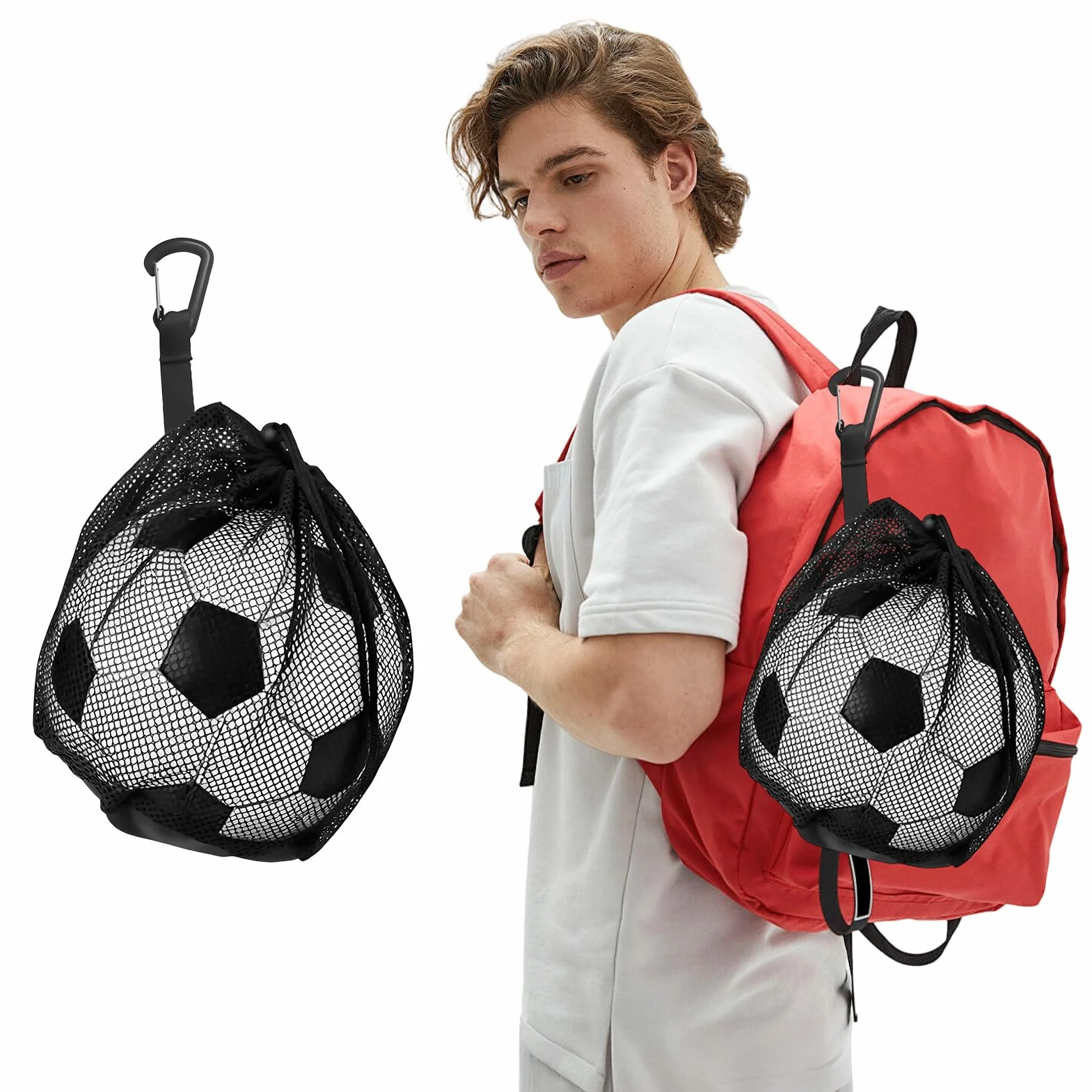 Mochila Bolsa de Pelotas Baloncesto Roja con Cremallera y Gancho Ligera Portátil