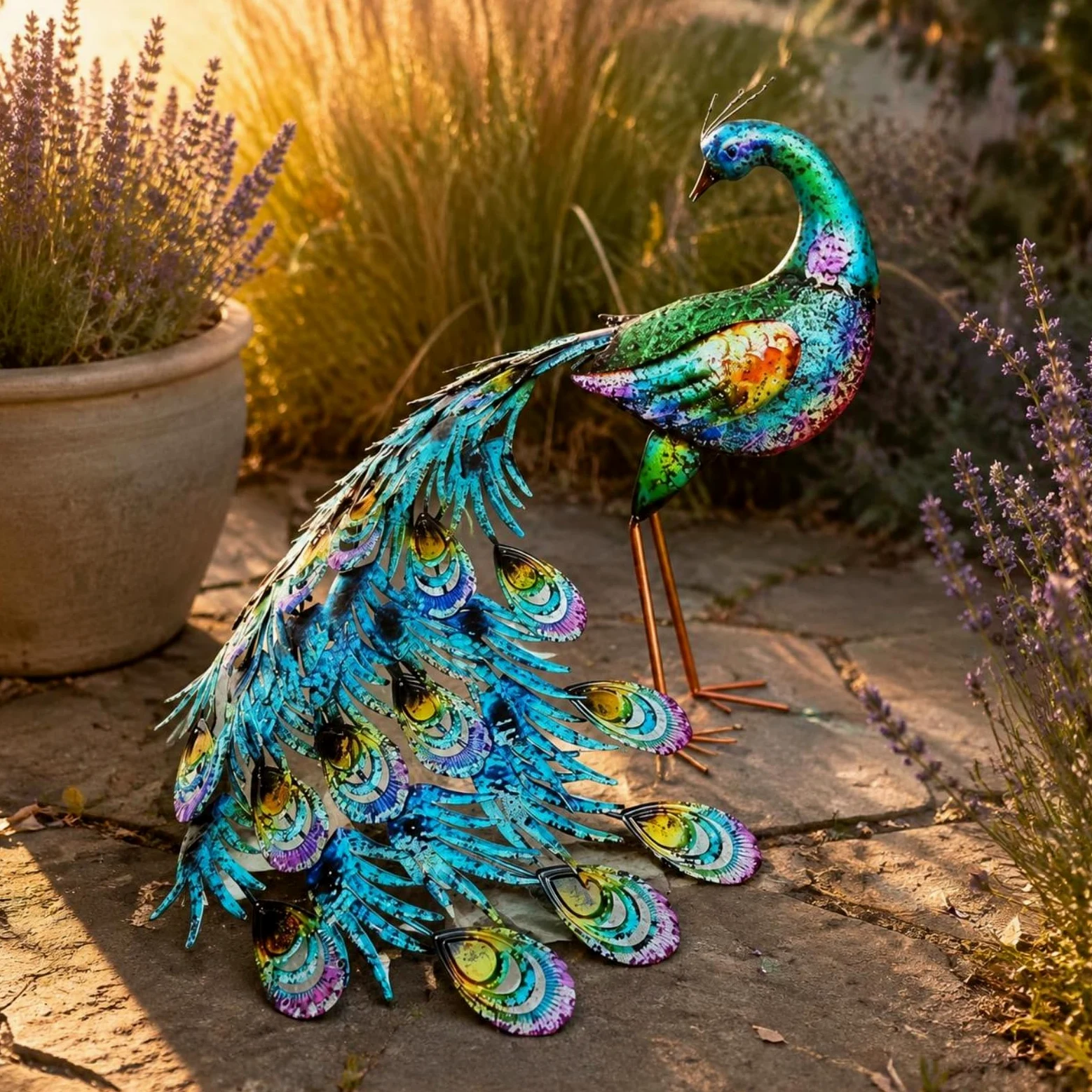 Estatua de Decorativa Figura Escultura Adorno Ornamento Metálico con Diseño Llamativo y Efecto Acogedor Adecuada para, Pavo Real De Cola Grande con Cabeza Recta — Sin Luz — 49.5 45.5 48cm