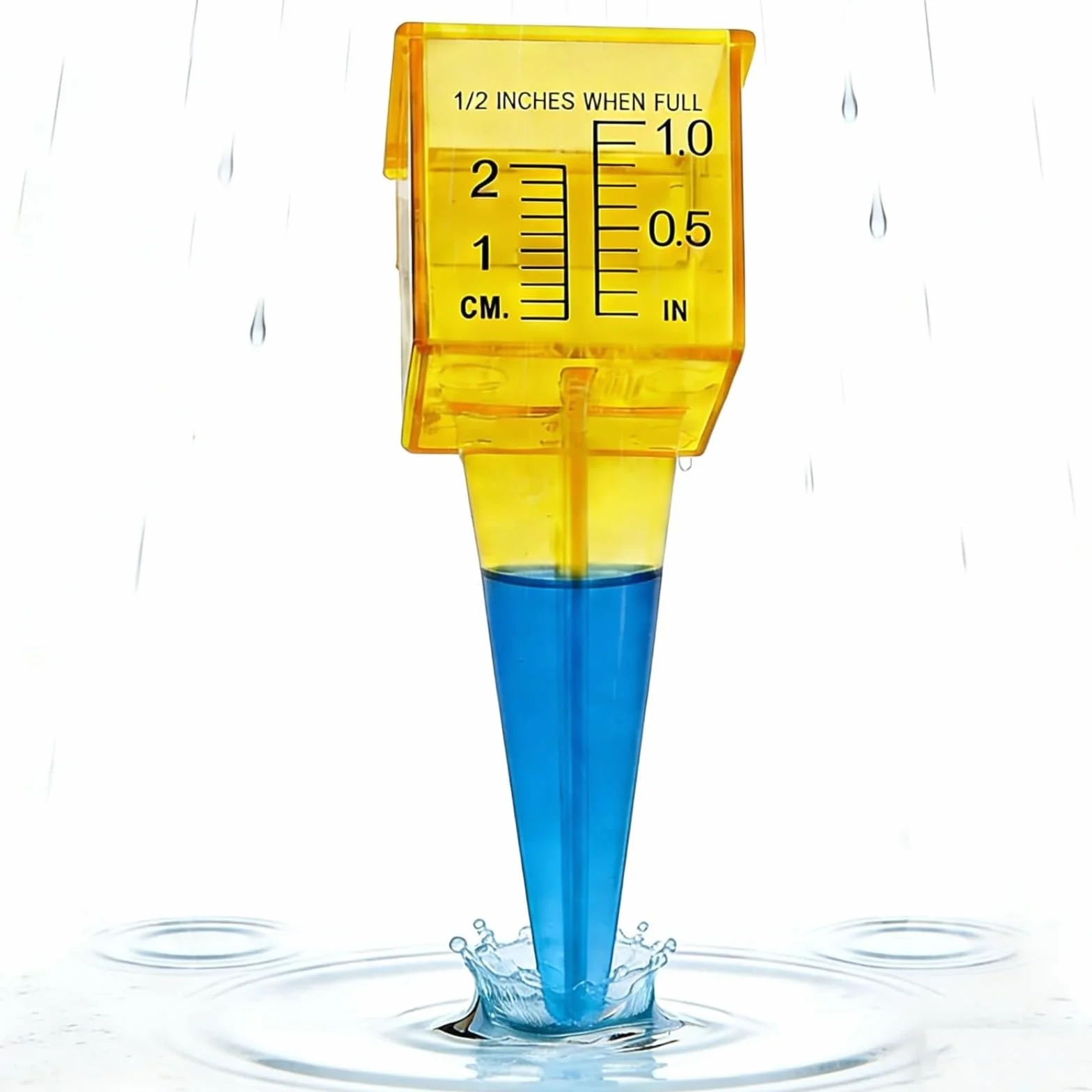 Pluviómetro de 1,5 pulgadas para exteriores con gran apertura, medidor de agua de plástico transparente para césped y jardín, medidor de lluvia de color amarillo brillante, 10 unidades