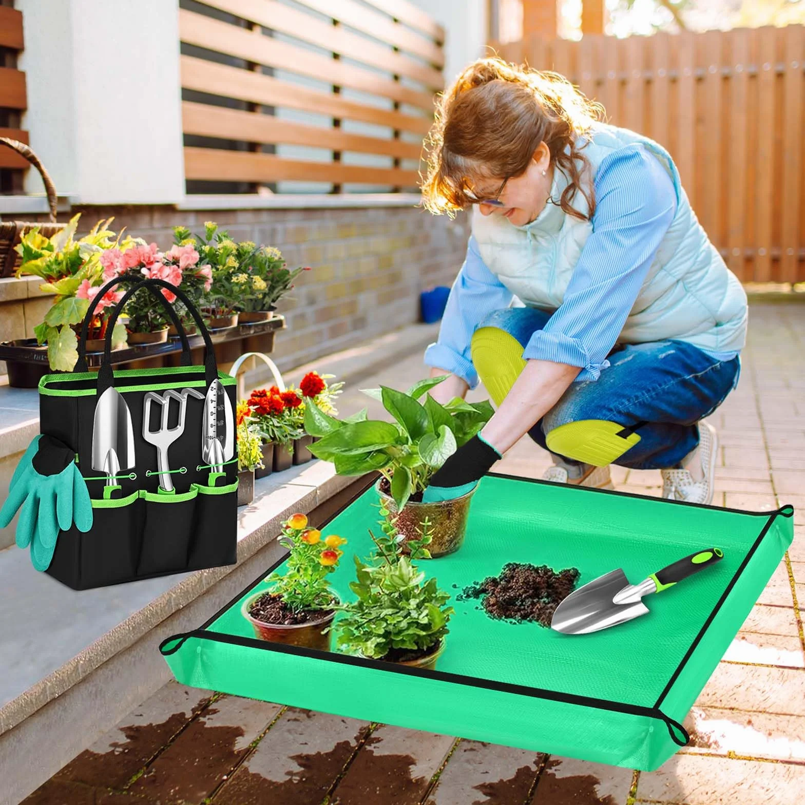 Mactoou Kit Jardineria, 12 Piezas Juego de Herramientas de jardinería con Pala Jardineria, Estera de Jardinería, Bolso de Jardín, Regalos de Jardinería para Mujeres y Hombres
