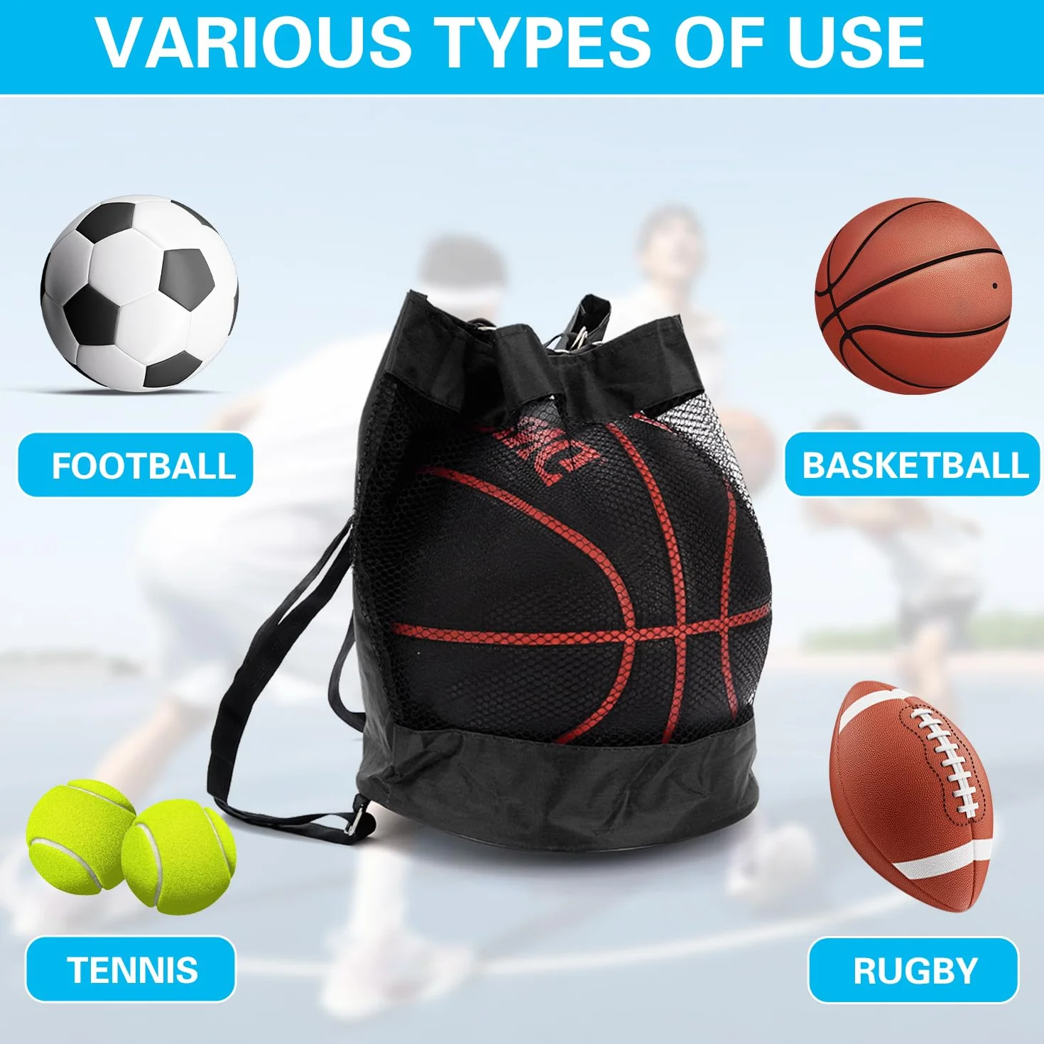 Red para baloncesto, voleibol, fútbol y tenis con bolsa portátil