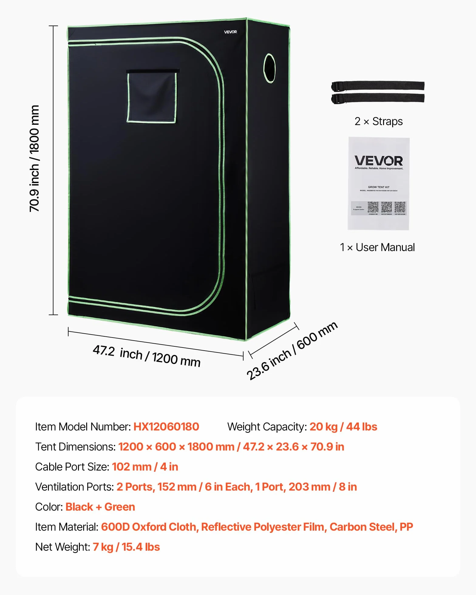 VEVOR Armario de Cultivo Interior 120x60x180 cm, Carpa de Cultivo con Ventana de Observación, Bandeja de Suelo y Cremallera, Mylar 600D de Alta Reflectancia, Tienda para Plantas, Flores, Verduras