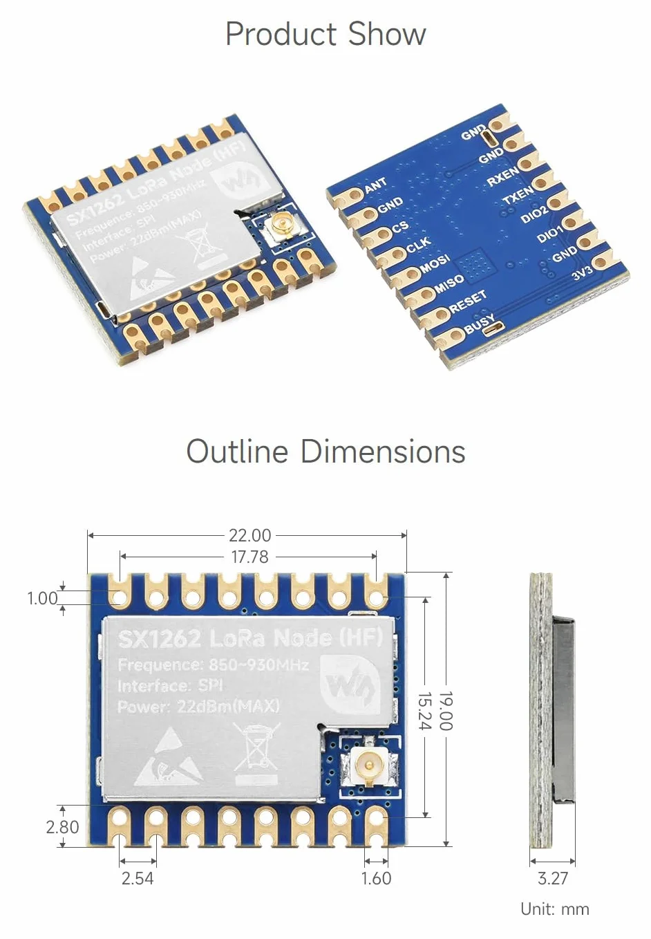 Waveshare Core1262 HF Lora Module SX1262 Chip 850~930MHz Sub-GHz Long-Range Anti-Interference