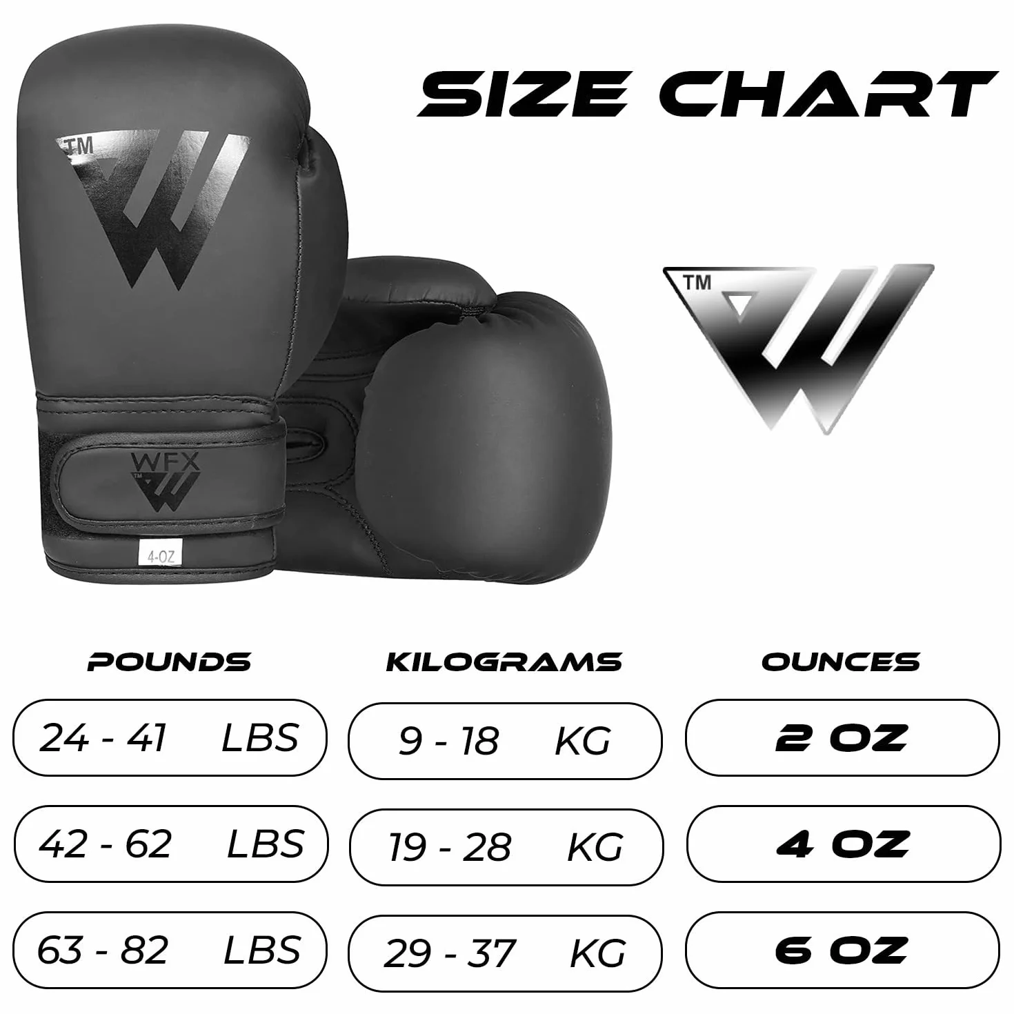 WFX Guantes de boxeo para niños 56.7g 113.4g 170.1g entrenamiento artes marciales mixtas saco boxeo kickboxing Muay Thai negro