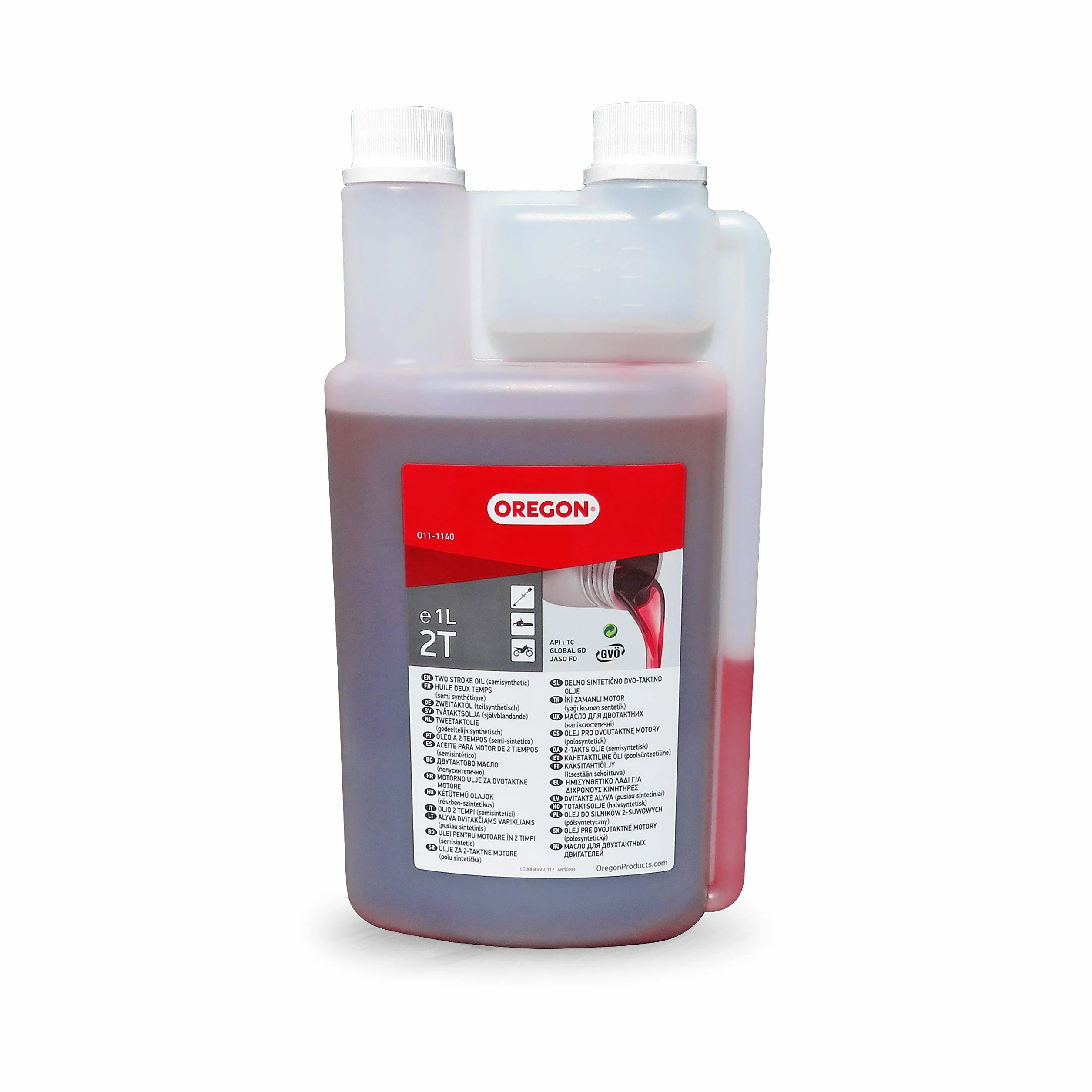 Oregon Aceite de Motor de 2 Tiempos, Aceite Mineral Semisintético para Mezcla, Combustión Limpia, Bajo Contenido de Cenizas, Protege el Motor, 2T, 1 Litro, Doble Cuello (O11-1140)