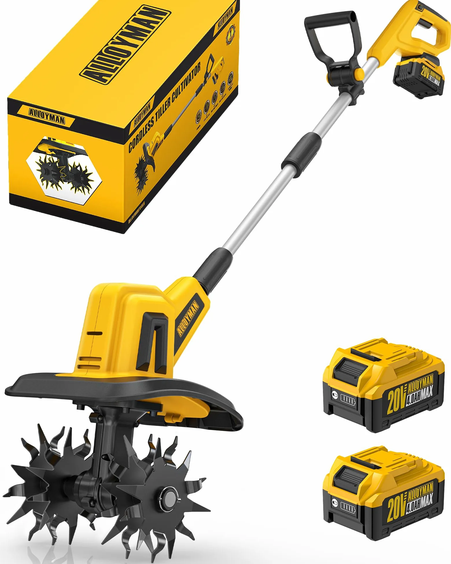 Alloyman Motoazada eléctrica de 20V MAX, cultivador de jardín, 360 RPM, con 2 baterías de 4,0 Ah y Cargador, Ancho de Trabajo de 23 cm, Profundidad de 17 cm, motoazada para Suelos