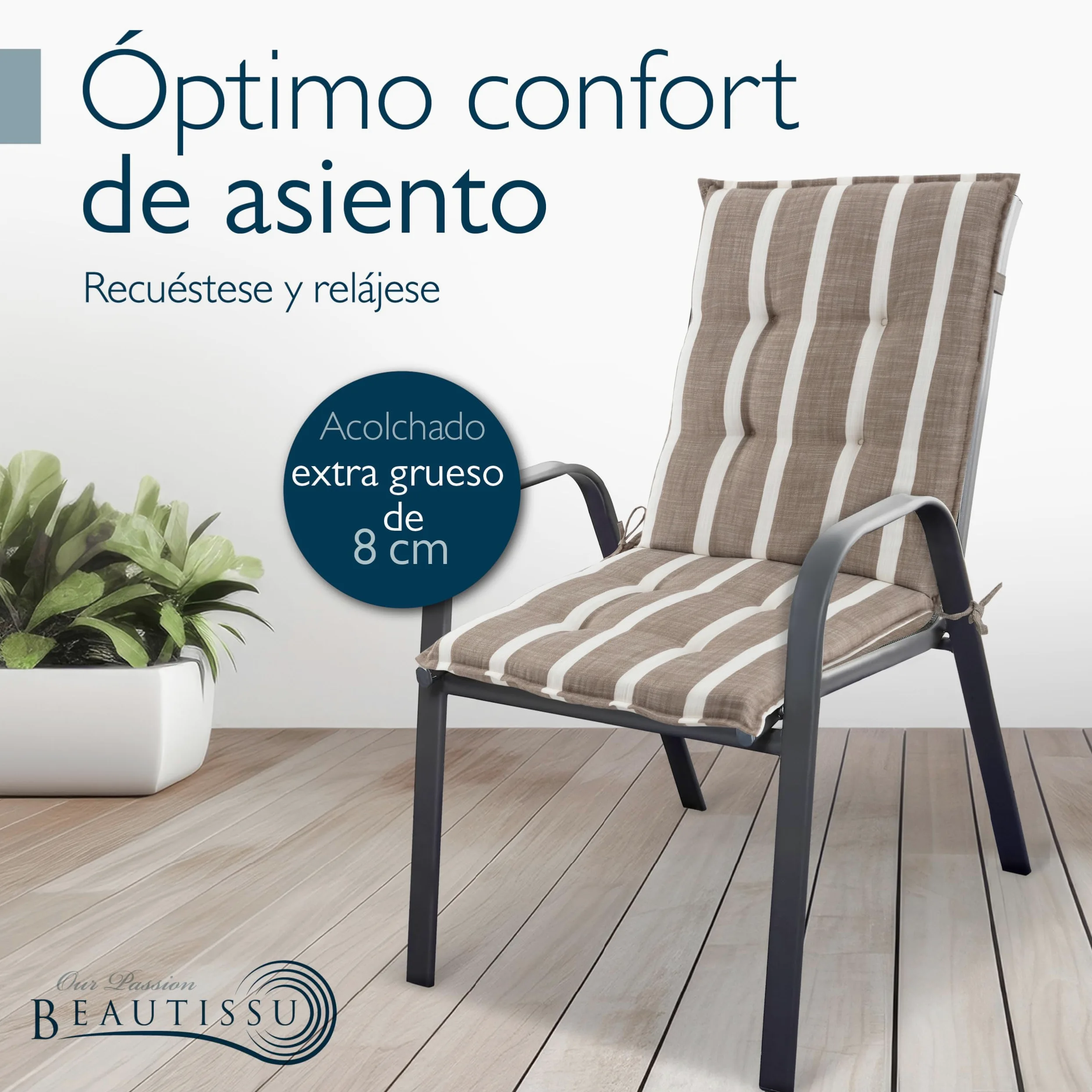 Beautissu Set 6 Premium Cojin Silla Jardín con Respaldo Bajo 100x50cm Sun-NL – Resistencia UV 8cm Grosor Acolchado Cojín Exterior con Respaldo Antideslizante – Rayas Beige Blanco