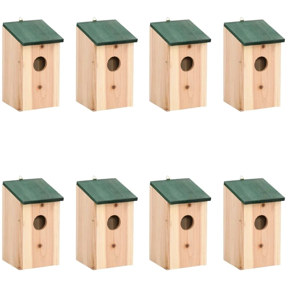 Pajareras de madera, 8 unidades, 12 x 12 x 22 cm, con techo verde, resistente a la intemperie, como nido, comedero y comedero para pájaros cantores en el jardín, balcón, terraza, árbol