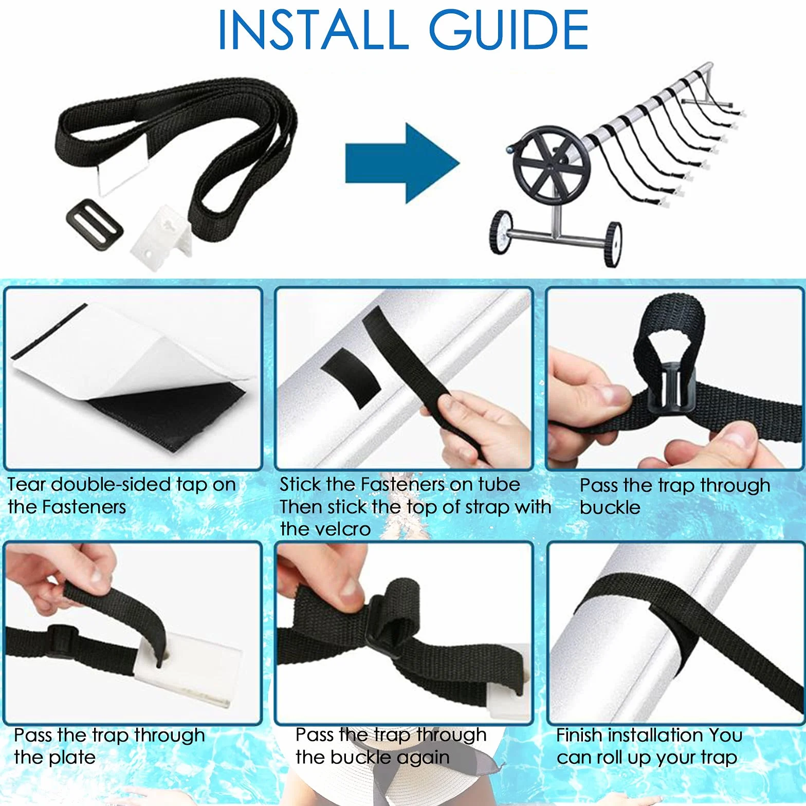 Kit de fijación de Carrete de Cubierta Solar, para Piscina, para Piscina, con Correas de fijación de Rodillos, Kit de cinturón para Piscina de Tierra, Incluye 8 Correas de Nailon Adhesivas y pestañas