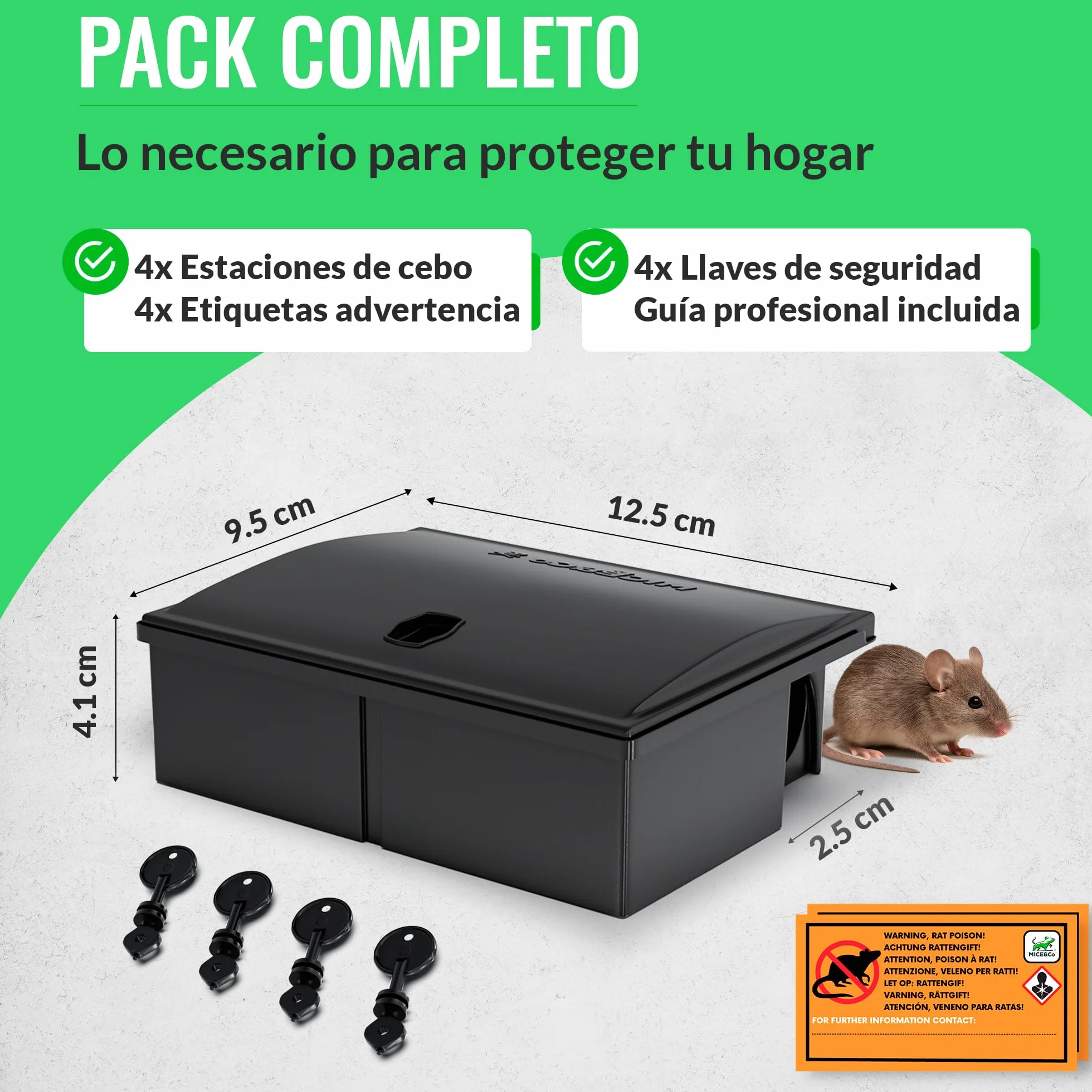 Mice&Co Portacebos para Ratones con Llave - Estación de Cebo para Pequeños Roedores - Trampa Ratones Profesional Caja para Cebo Veneno | Pack 4 Unidades