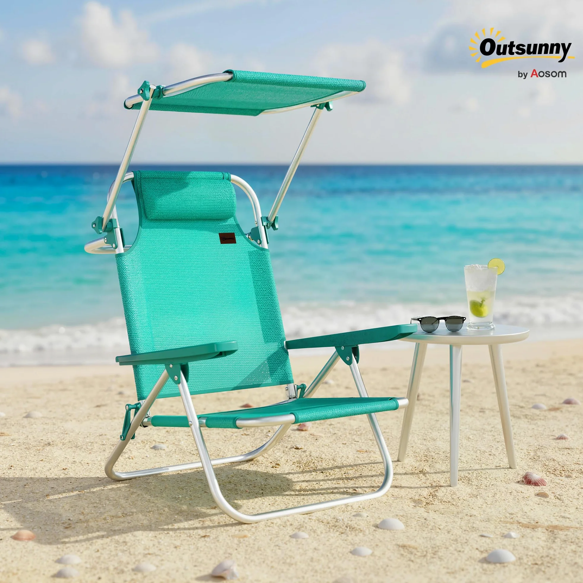Outsunny - Silla de Playa Plegable con Toldo Ajustable, Respaldo Reclinable de 6 Posiciones, Reposacabezas, Aluminio y Malla Transpirable, para Exterior, Jardín, Pícnic, Festival, Viajes, Turquesa
