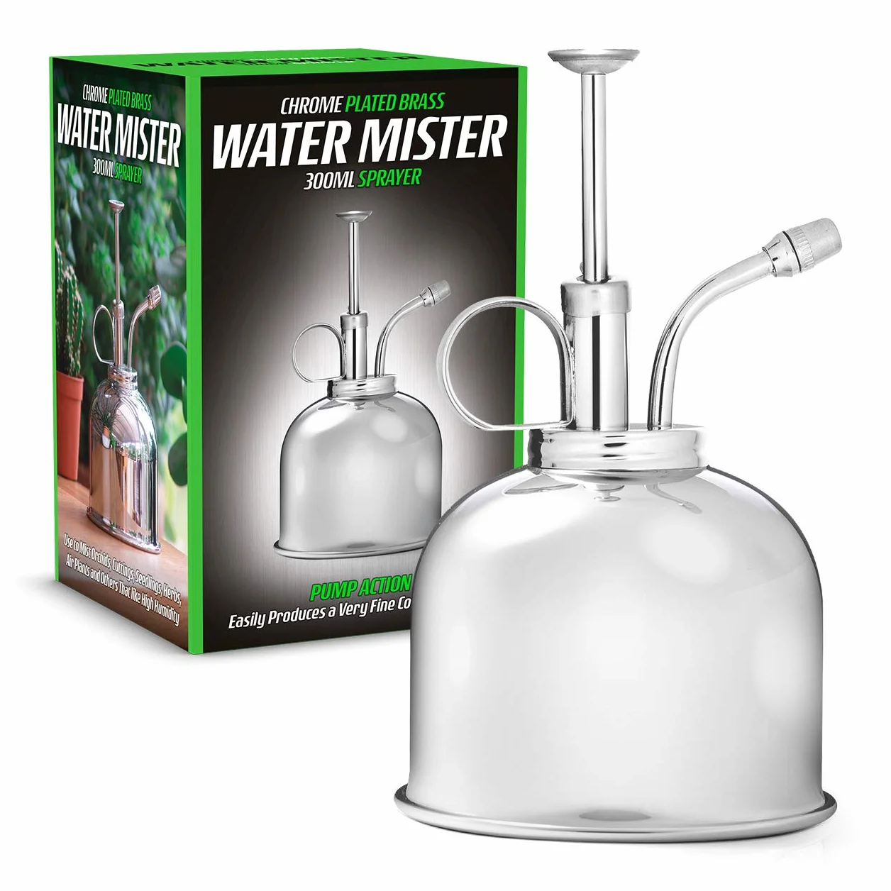 CKB LTD Mister de agua de latón macizo cromado - Botella de rociador para interiores Botella de Spray de riego Regadera con Bomba egadera de Flores para regar Bonsai plantas de aire Orquídeas 300ml