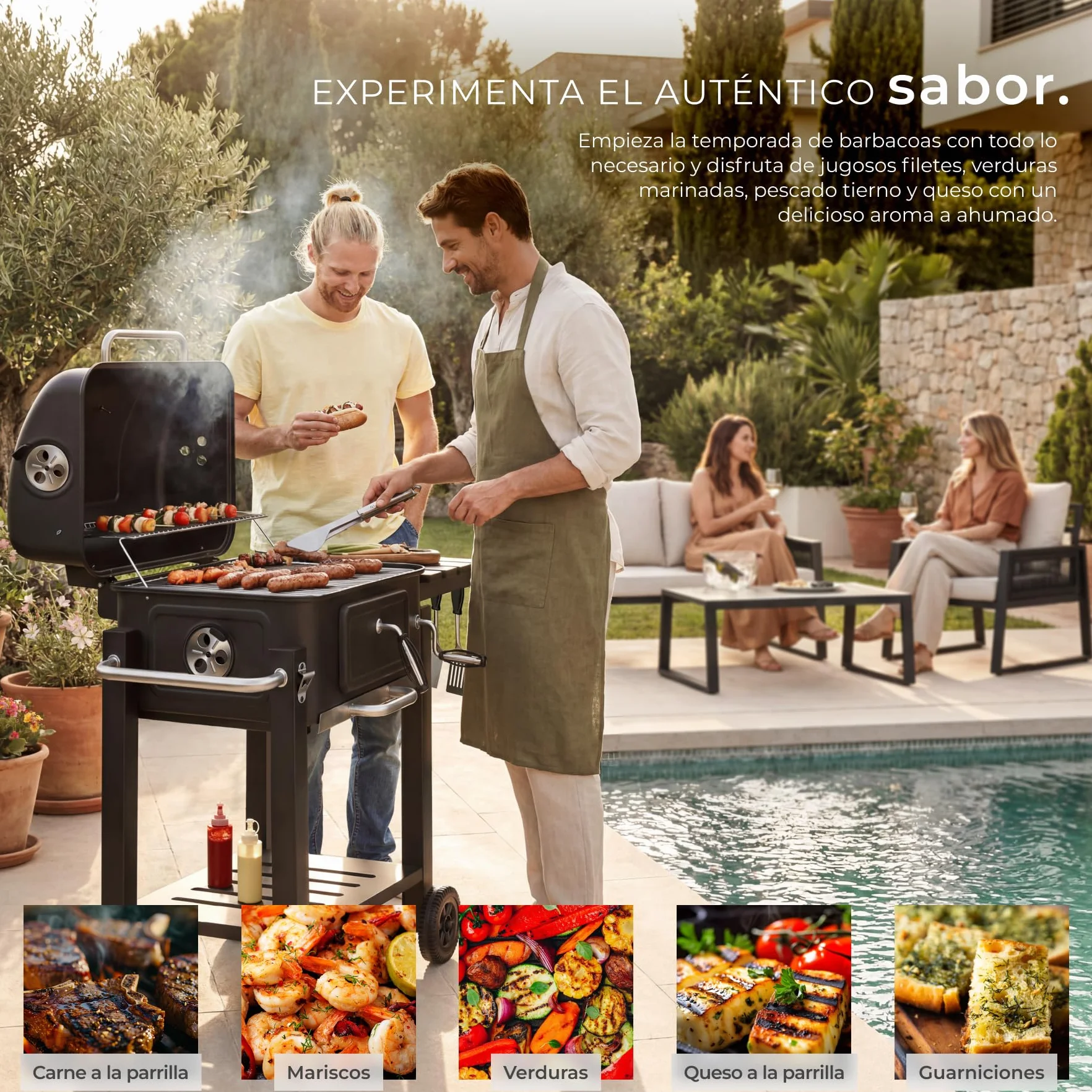 tectake® Barbacoa de Carbon con Tapa, Parrilla Barbacoa Carbon, BBQ Grill, Bandeja Regulable, Termómetro y Ruedas, con Ahumador de Alimentos, Asador de Carne - 64 x 110 x 104 cm