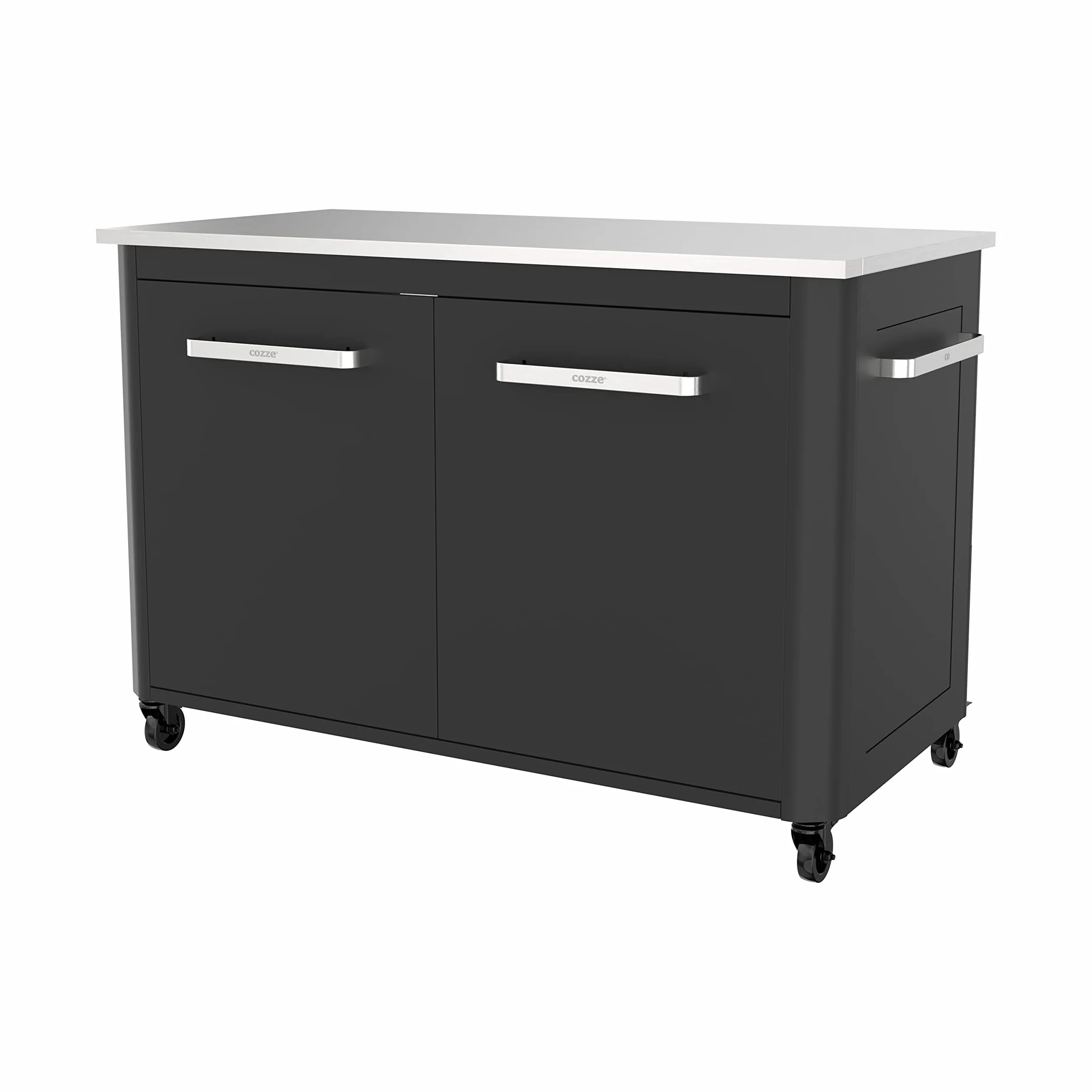 Cozze Mesa de exterior con sobre de acero inoxidable, 2 puertas y 4 ruedas acero inoxidable/negro/gris