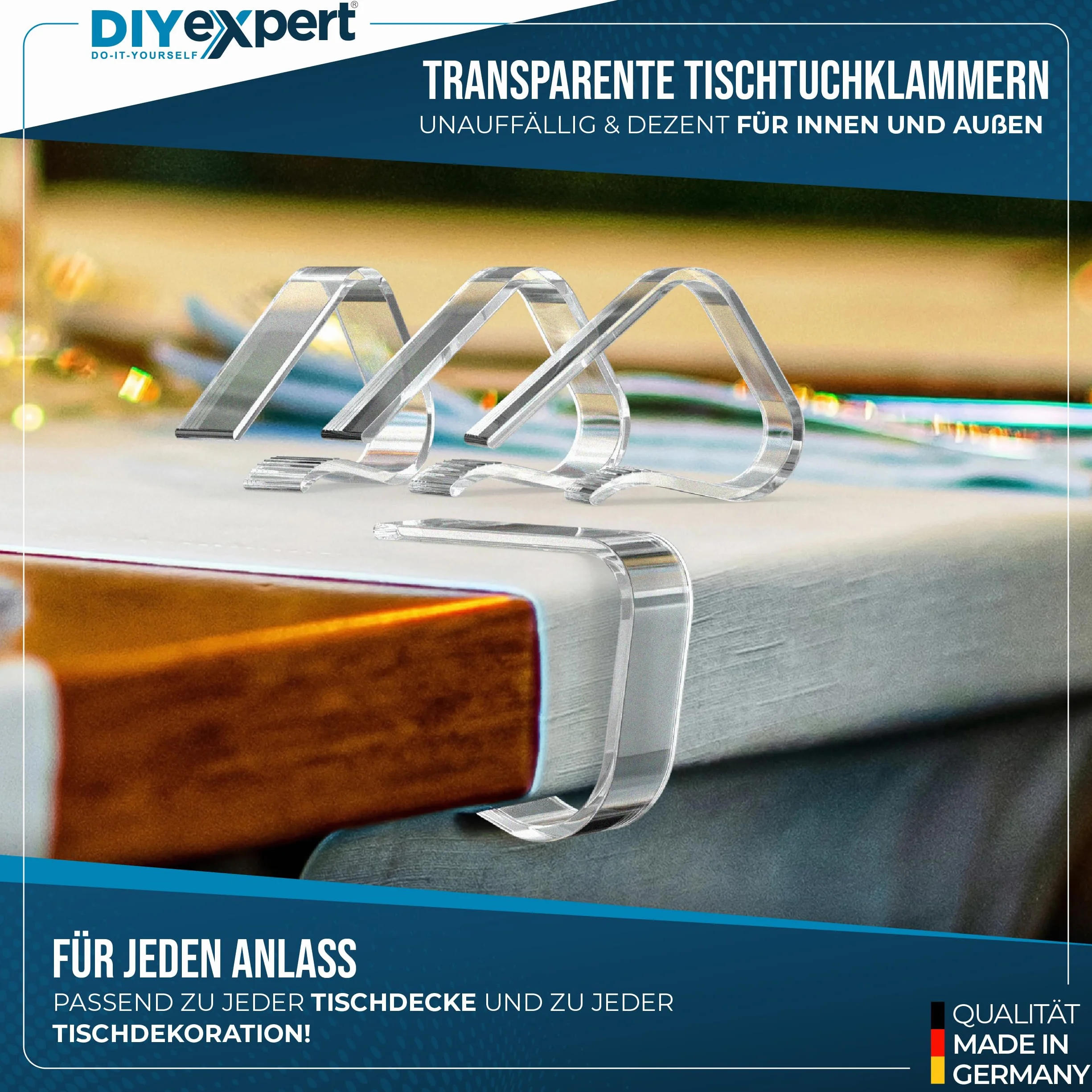 DIYexpert Pinzas para mantel transparentes, fabricadas en Alemania, hasta 45 mm, 8 unidades, resistentes a la intemperie y antideslizantes, para jardín, balcón e interior