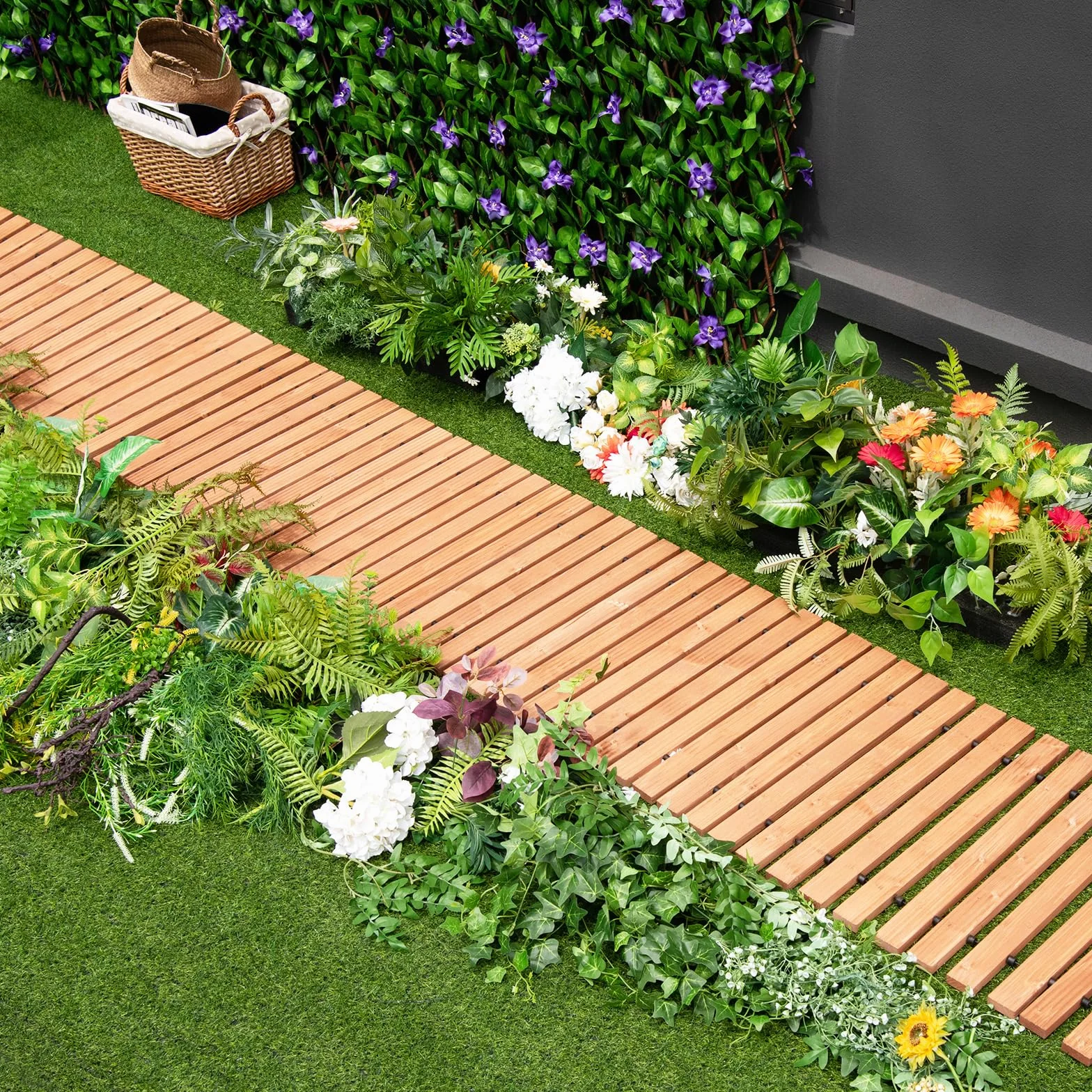 SOARS Camino de Madera Enrollable 245 cm - con Alambre, Textura Antideslizante y Resistente al Mal Tiempo - Ideal para Jardín, Patio y Playa (245 x 55cm)