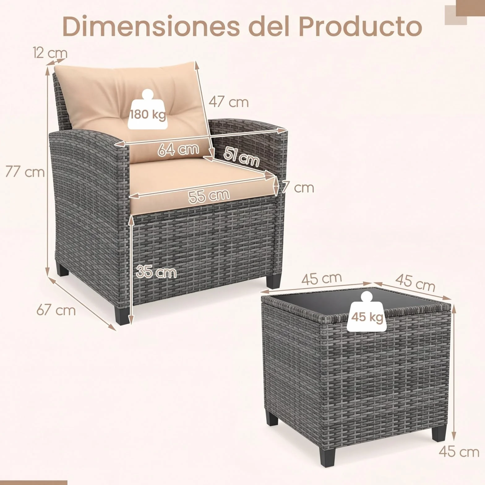 GIANTEX Conjunto de Muebles Jardín 3 Piezas, Mesa y Sillas de Exterior de Ratán PE con Cojines, Mesa con Tablero de Vidrio, para 2 Personas, para Terraza, Patio, Balcón (Gris+Marrón)