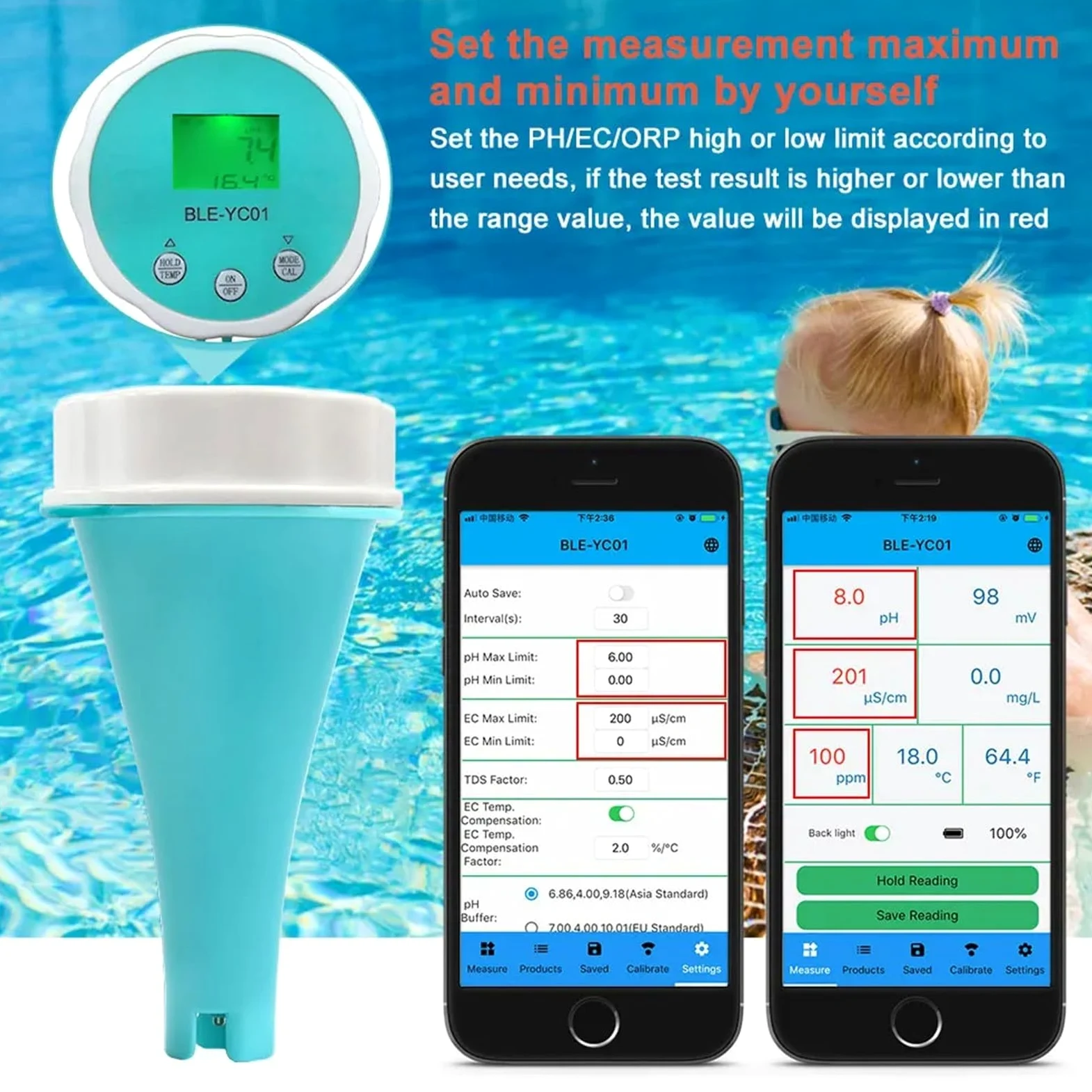 Medidor de PH, Analizador de agua de piscina flotante inteligente 6 en 1, medidor de PH, CL, TDS, EC, ORP y temperatura, aplicación de monitoreo en línea, probador de calidad del agua.