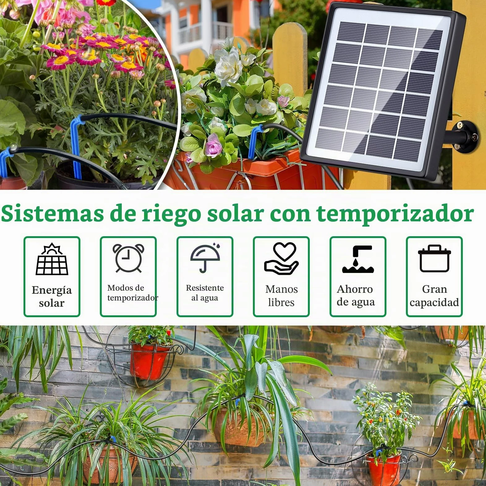 SoulBay Kit de Riego Automático Solar con Temporizador de 12 Modos y Tubo de 150 cm para Plantas en Macetas de Jardín, Interiores y Exteriores