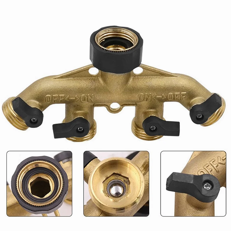 Distribuidor de colector divisor de grifo de 3/4 pulgadas y 1/2 pulgada, adaptador de conector de manguera de válvula de agua de latón de 4 vías para accesorios de riego, estándar de la UE