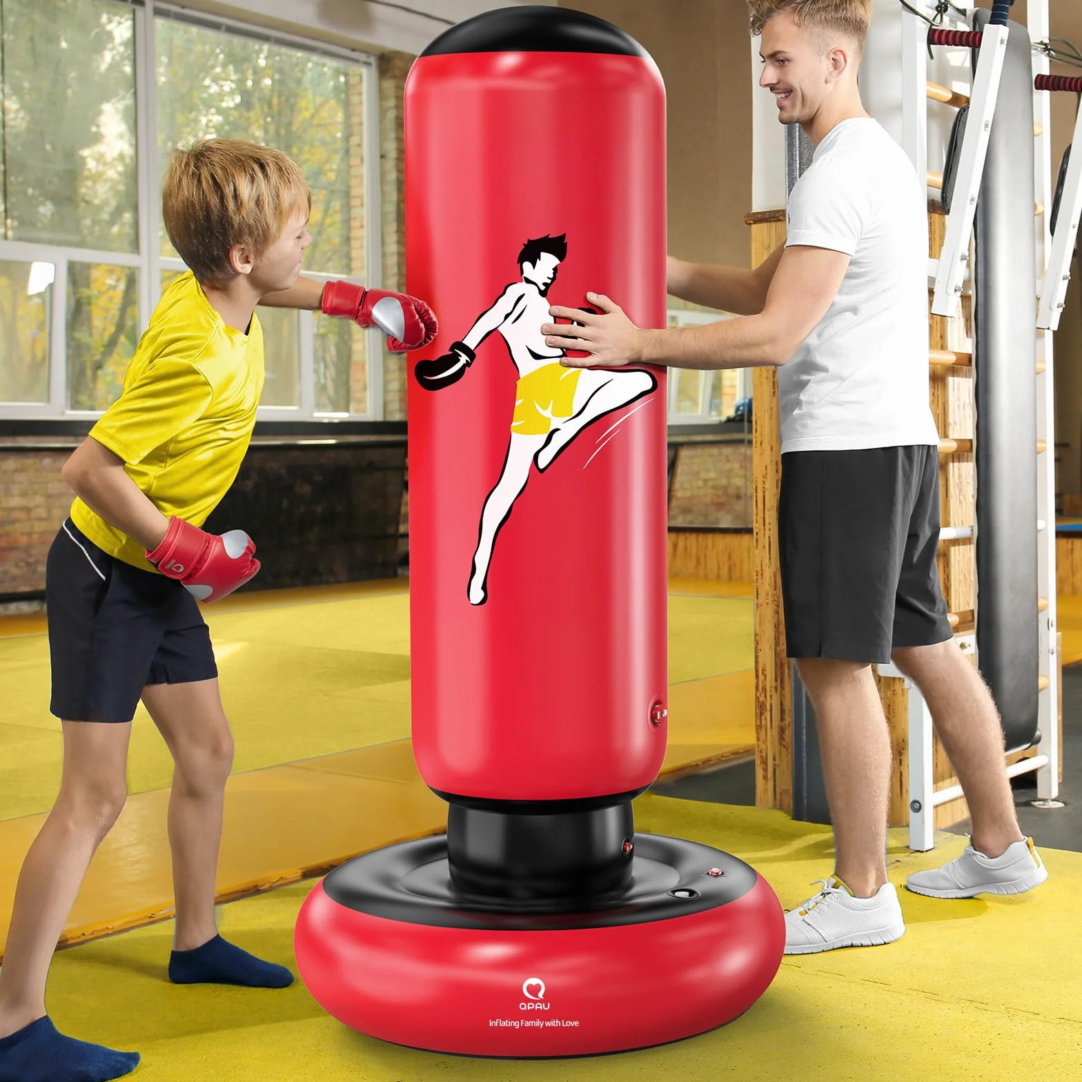 Saco de boxeo para niños con guantes, 66 pulgadas, inflable, rojo