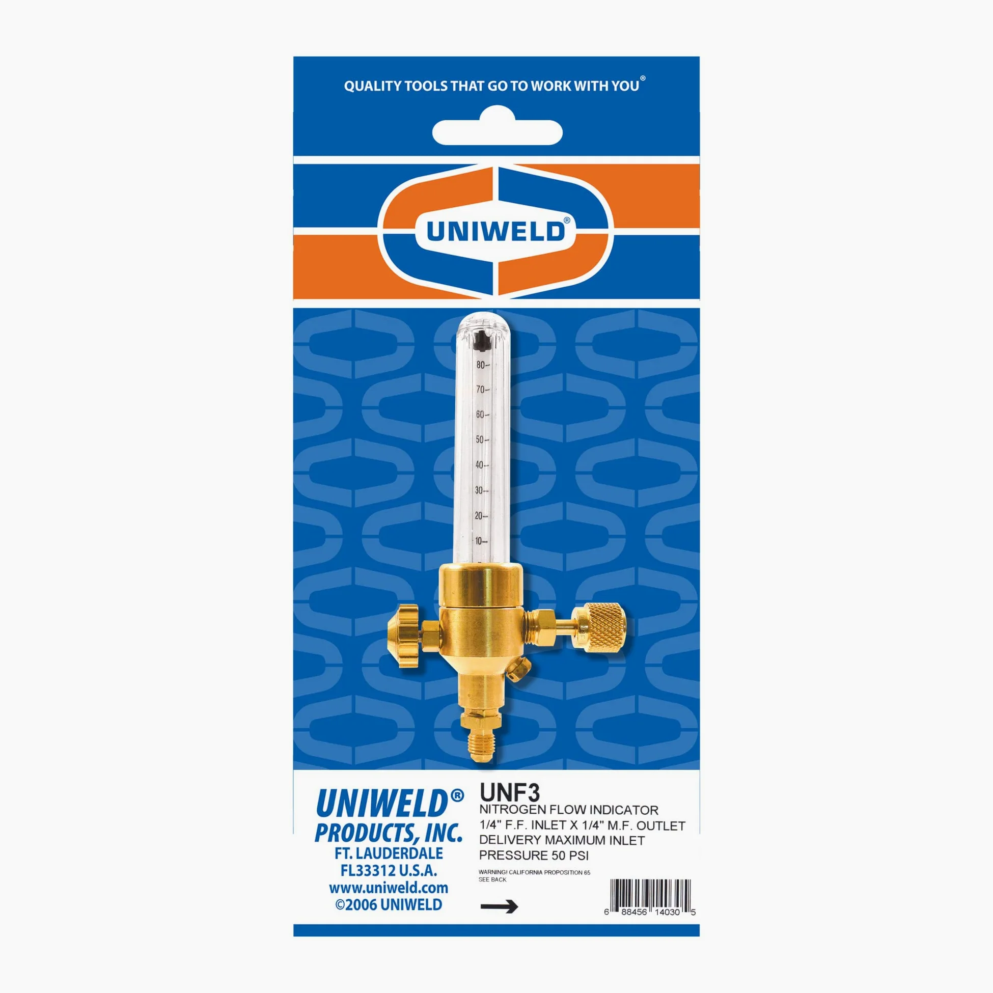 Uniweld Indicador de flujo de nitrógeno UNF3 con conexión de entrada hembra de 1/4 pulgadas y conexión de salida macho de 1/4 pulgadas