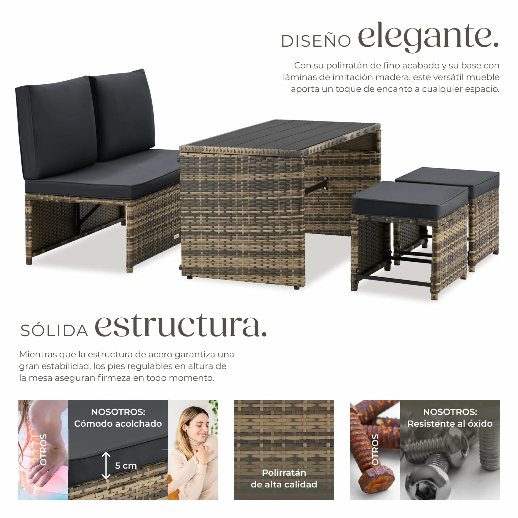 tectake® Conjunto Jardin Exterior 2 en 1, Muebles Jardin Exterior, Mesa y Sillas Terraza, Sofa con Cojines Impermeables y Lavables, 4 Personas, Sofas, Silla, Mesa Terraza, Mueble - Natural